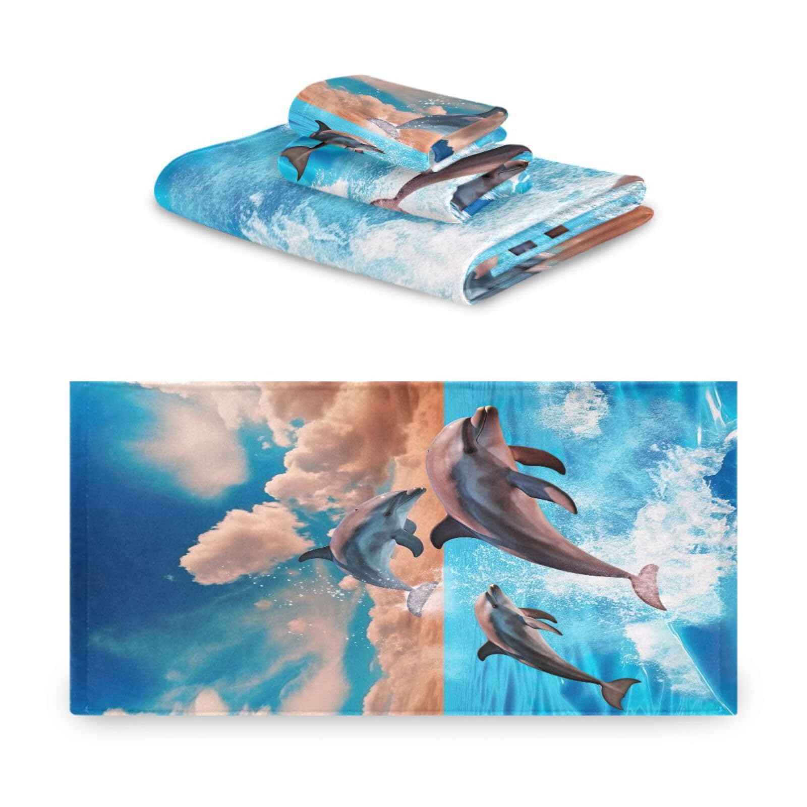 Qilmy Funny Dolphin Bath Towels Set - Ultra Absorbent & Soft 3-Piece Towel Set for Home, Spa & Hotel Decor | Perfect for Bathroom, Beach & Poolside Use