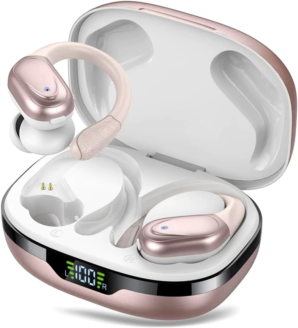 BX17 Wireless Bluetooth 5.3 Earbuds with 48H Playtime, HiFi Stereo Bass, Earhook Design, IPX5 Waterproof, Built-in Mic & LED Display - Perfect for Running, Gym, Travel & Workouts (Rose Gold)