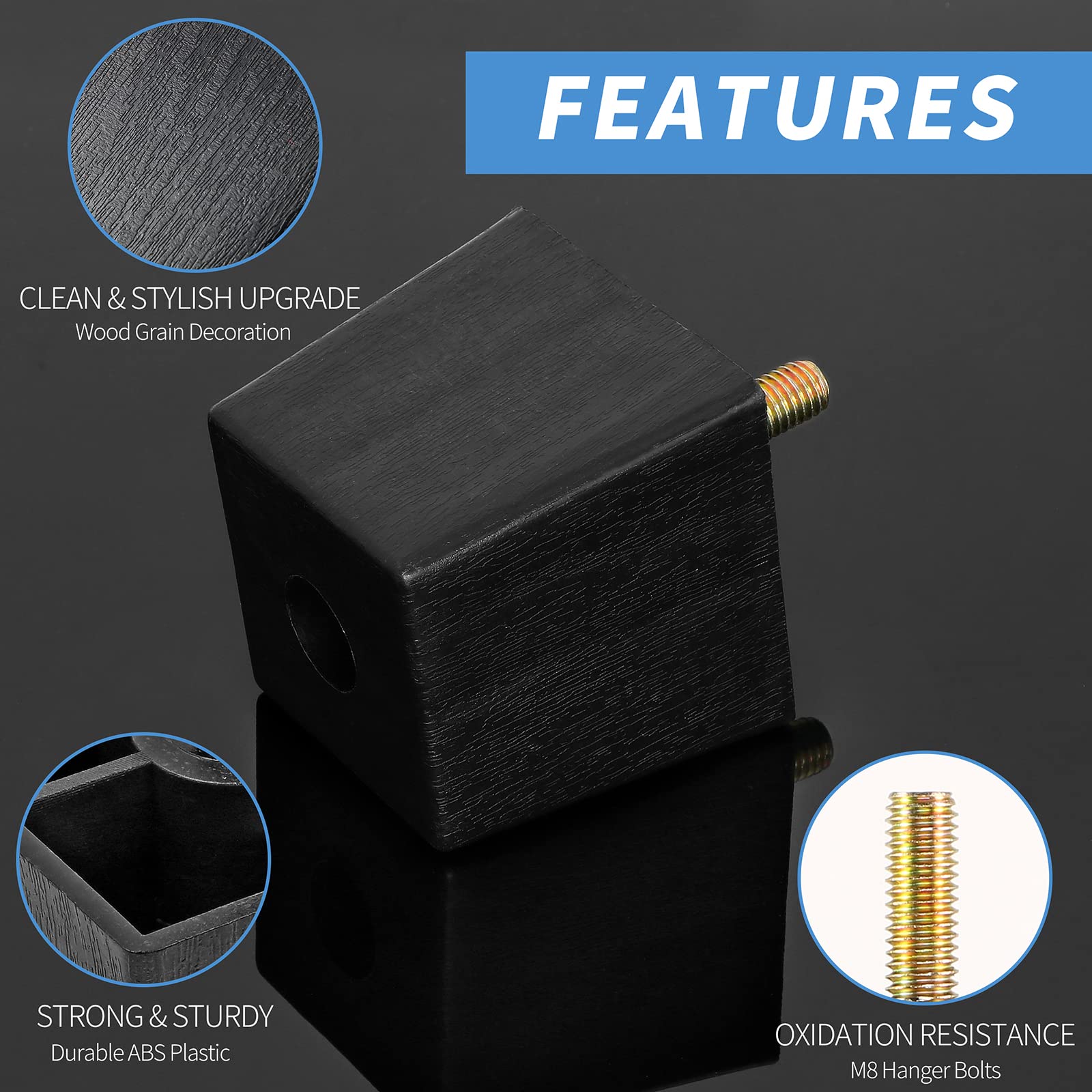 2 Inch Black Plastic Square Furniture Legs - Set of 4 M8 Replacement Feet for Sofa, Couch, Armchair, Bed, Cabinet & Desk - Mid Century Modern Style Home Decor for Living Room, Bedroom & Office