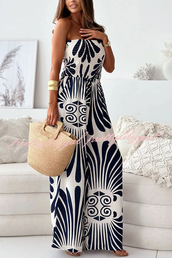 Stylish Printed Off-Shoulder Pleated Wide Leg Jumpsuit for Women - Perfect for Casual Outings, Beach Vacations & Summer Parties