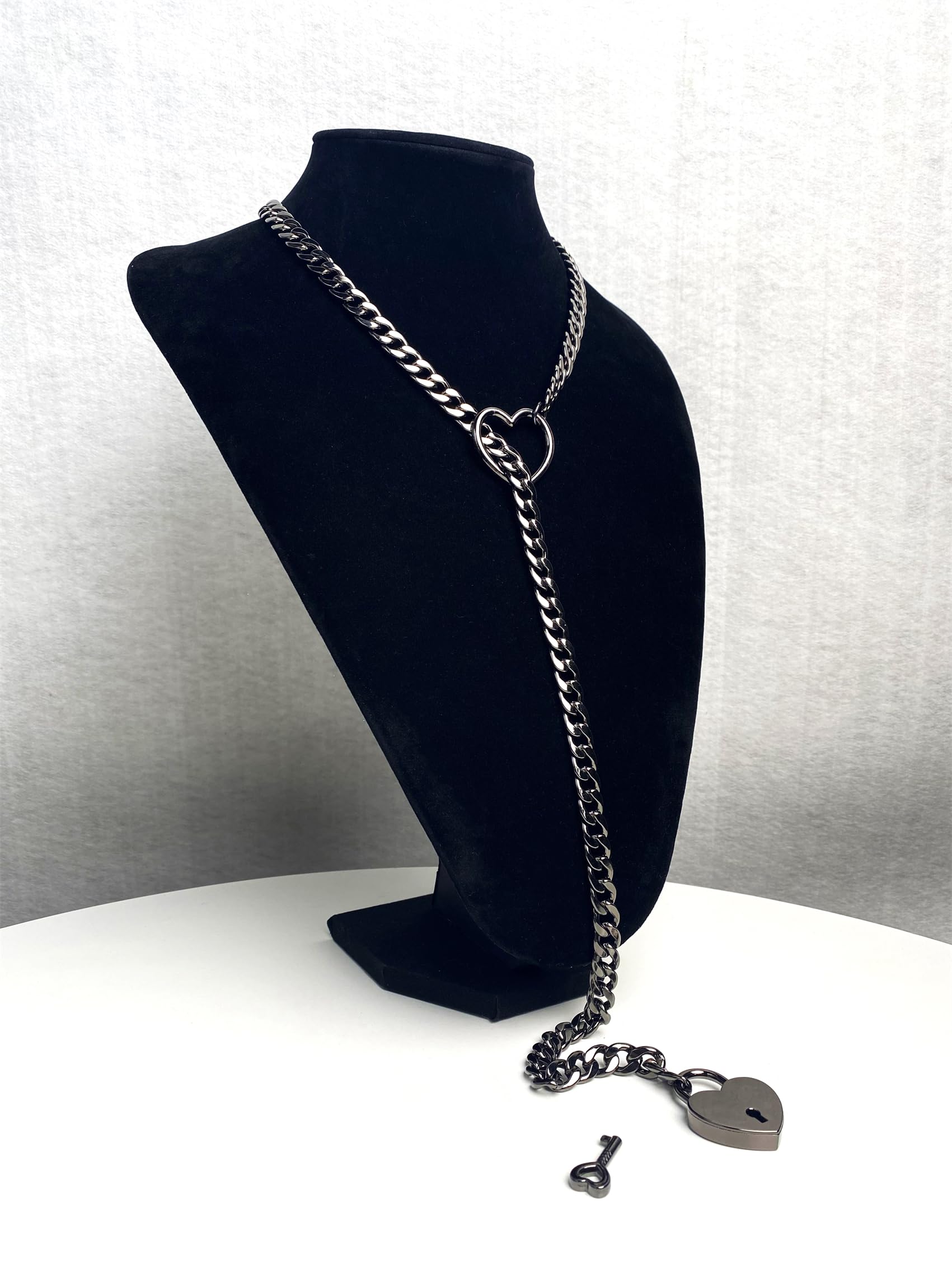 Paloli Women's Punk Rock Cuban Chain Necklace - Adjustable Lariat Y-Necklace with Heart Locker & Key, Slip Chain O-Ring Design | Perfect for Casual Wear, Rock Concerts & Gothic Fashion