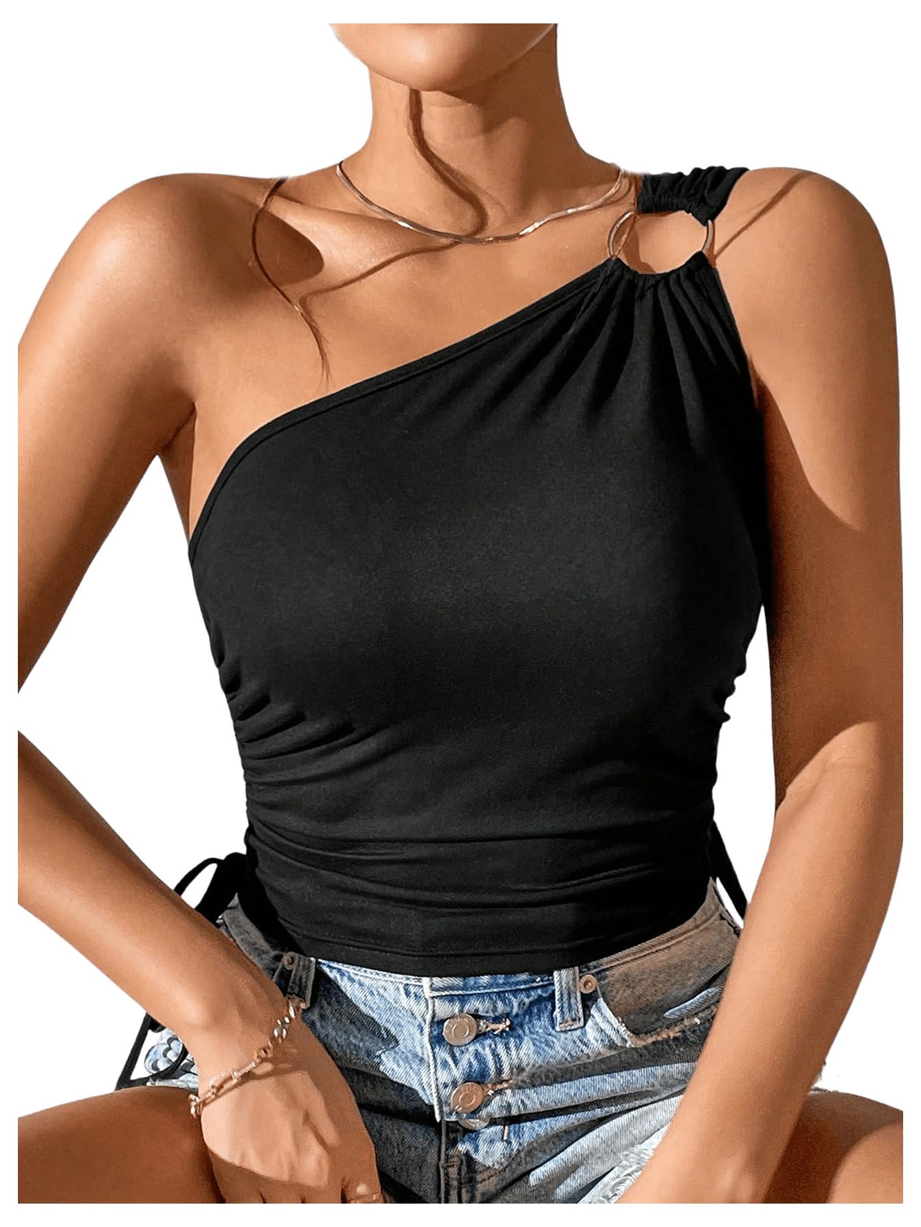 SHENHE Women's Sexy One Shoulder Ring Linked Ruched Drawstring Side Sleeveless Crop Top for Summer Beach Party, Night Out, Clubwear and Casual Outfits