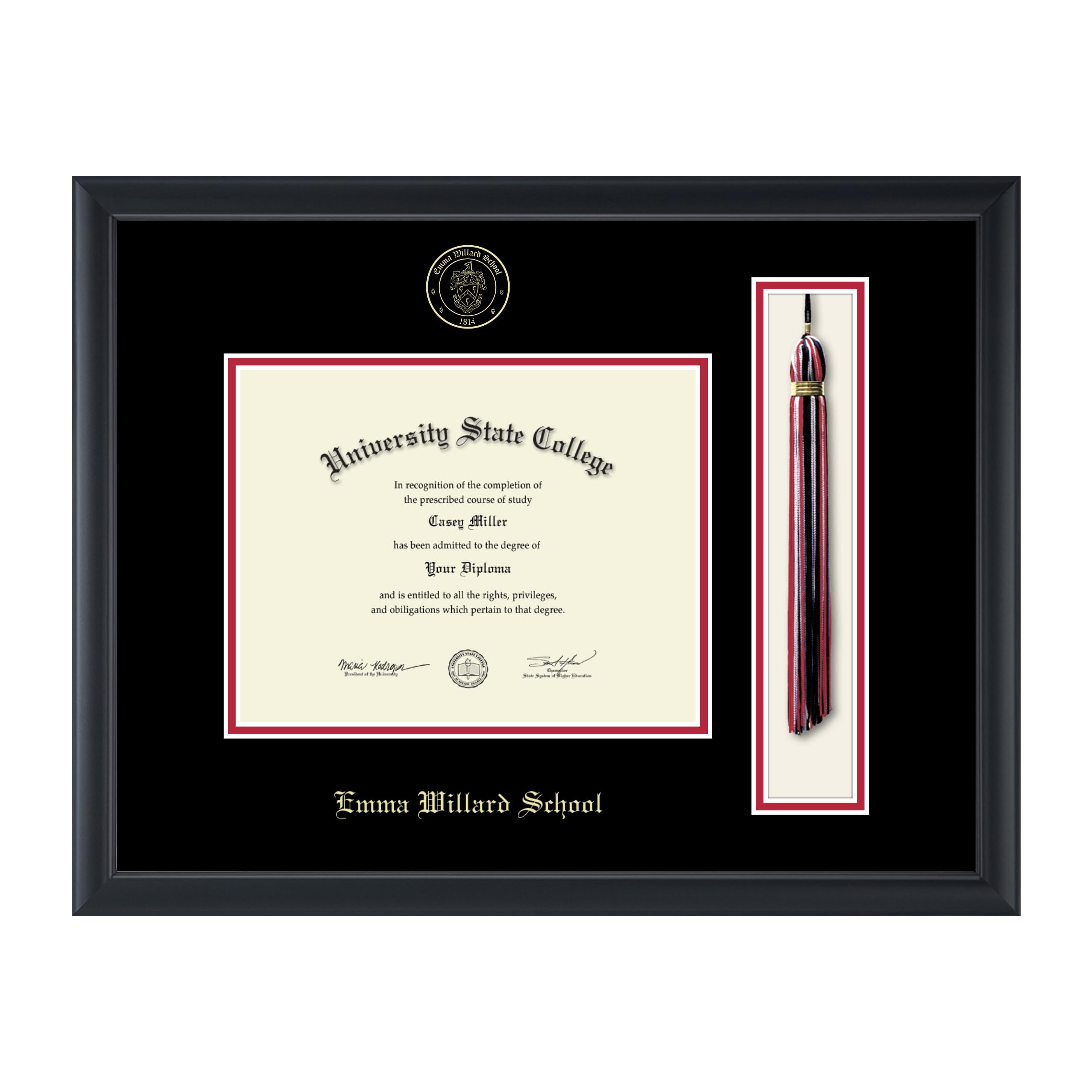 Emma Willard School 9x7 Inch Diploma Frame with Gold Tassel & Cord - High School Graduation Display - Black Wood Frame with Red & Black Matting - Perfect for Wall Display in Home or Office
