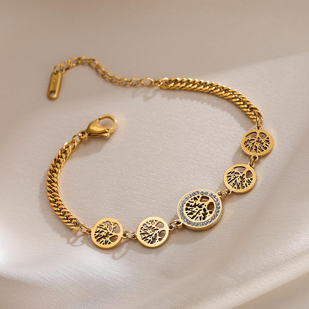 18K Gold Plated 316L Stainless Steel Vintage Tree of Life Charm Bracelet for Women - Elegant Jewelry Gift for Birthday, Anniversary & Everyday Wear