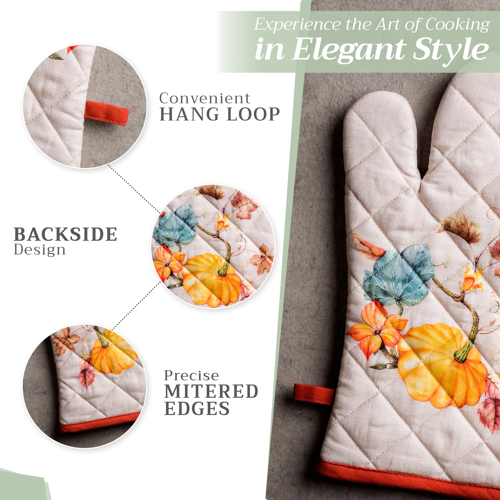 Hermine Cotton Oven Mitt and Pot Holder Set - Heat Resistant Kitchen Gloves for Baking, Cooking, BBQ (7.5x13 & 8x8 Inches) - Soft & Durable Cotton Pot Holders - Perfect for Thanksgiving, Christmas, and Holiday Cooking Gifts