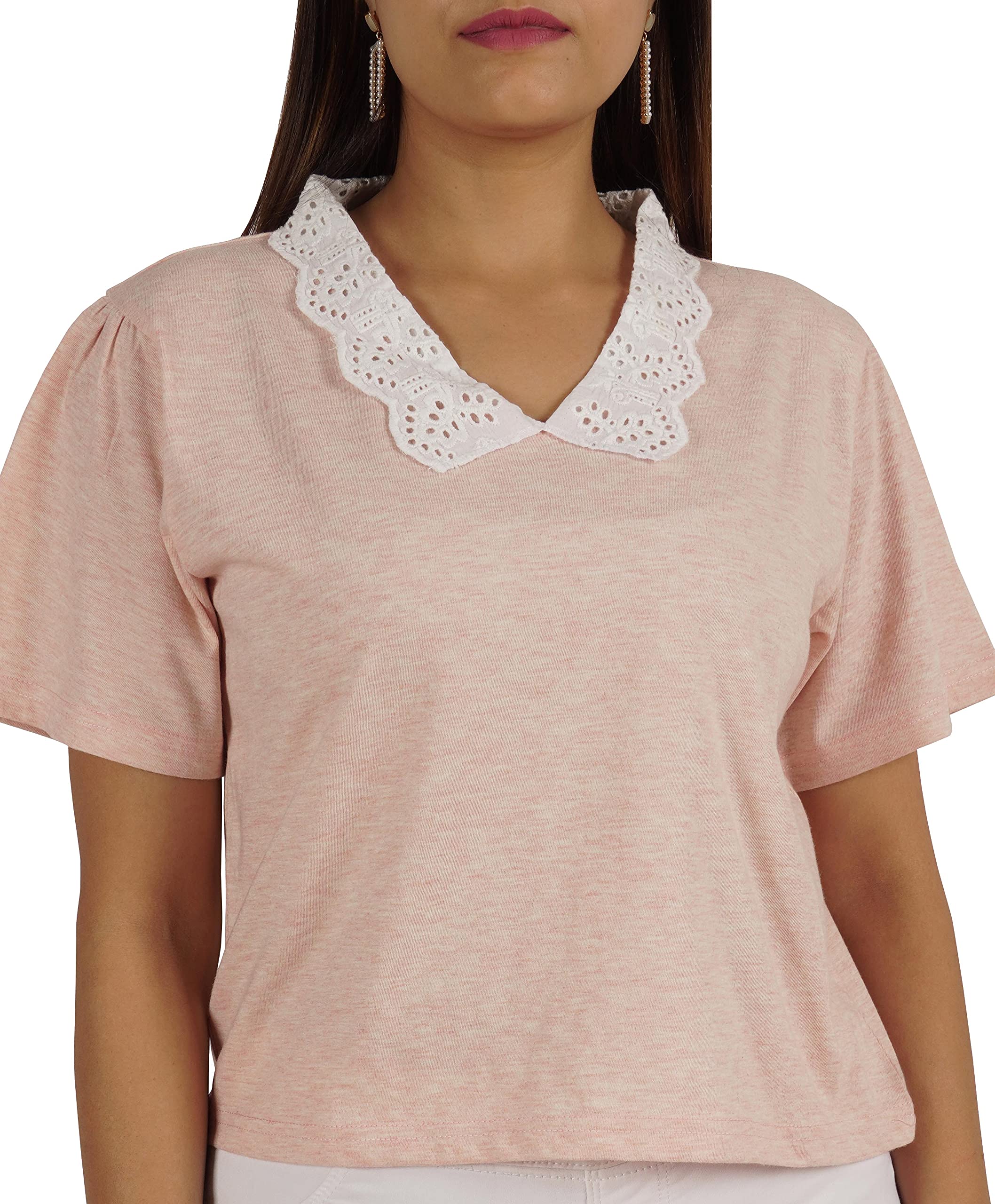 Women's Peter Pan Lace Collar Casual T-Shirt - Soft Jersey Short Sleeve Top for Everyday Wear | Perfect for Office, Dating & Weekend Outfits