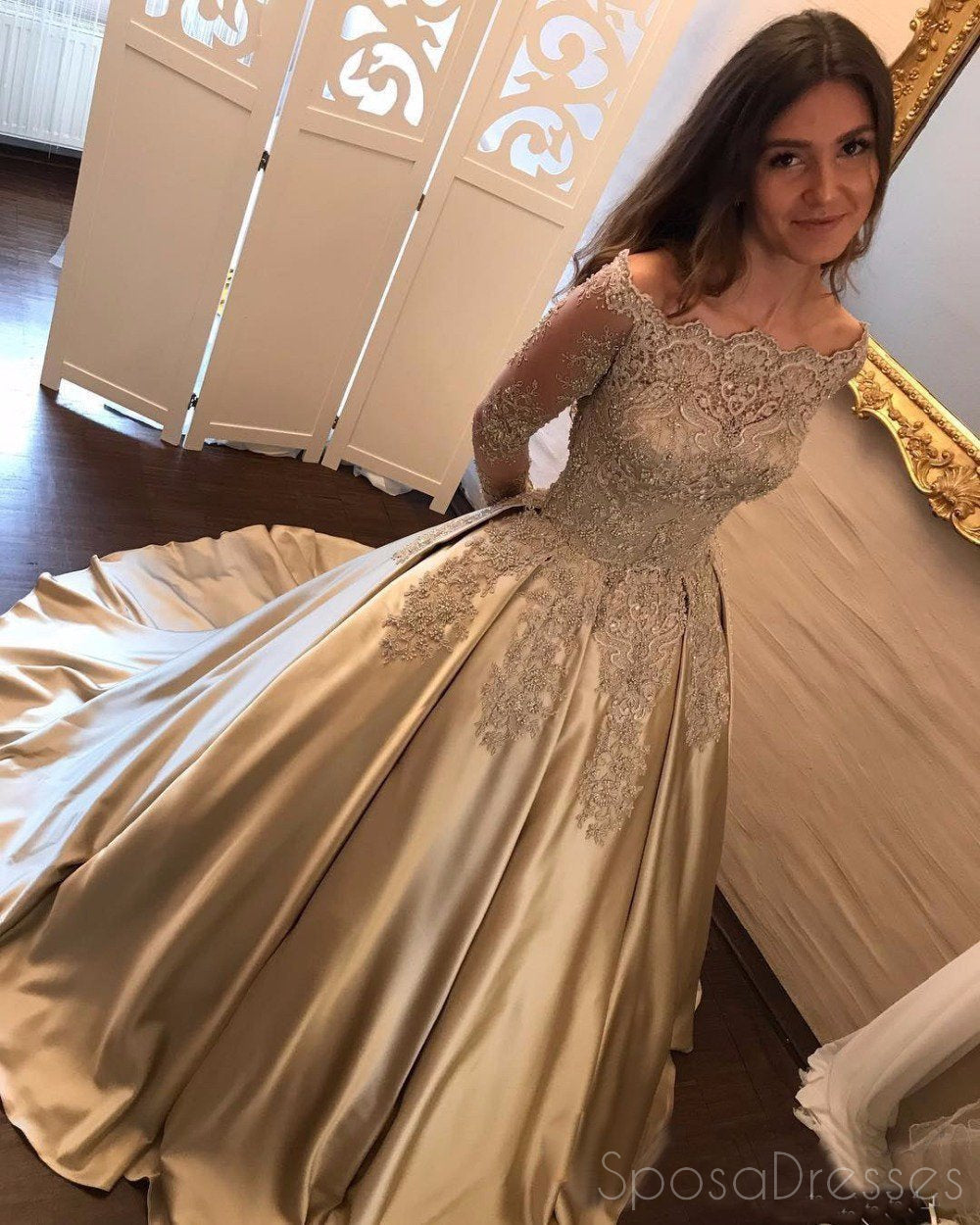 Elegant Off Shoulder Long Sleeve Gold Beaded A-Line Sparkly Evening Prom Dress for Women - Perfect for Formal Events, Homecoming, and Special Occasions