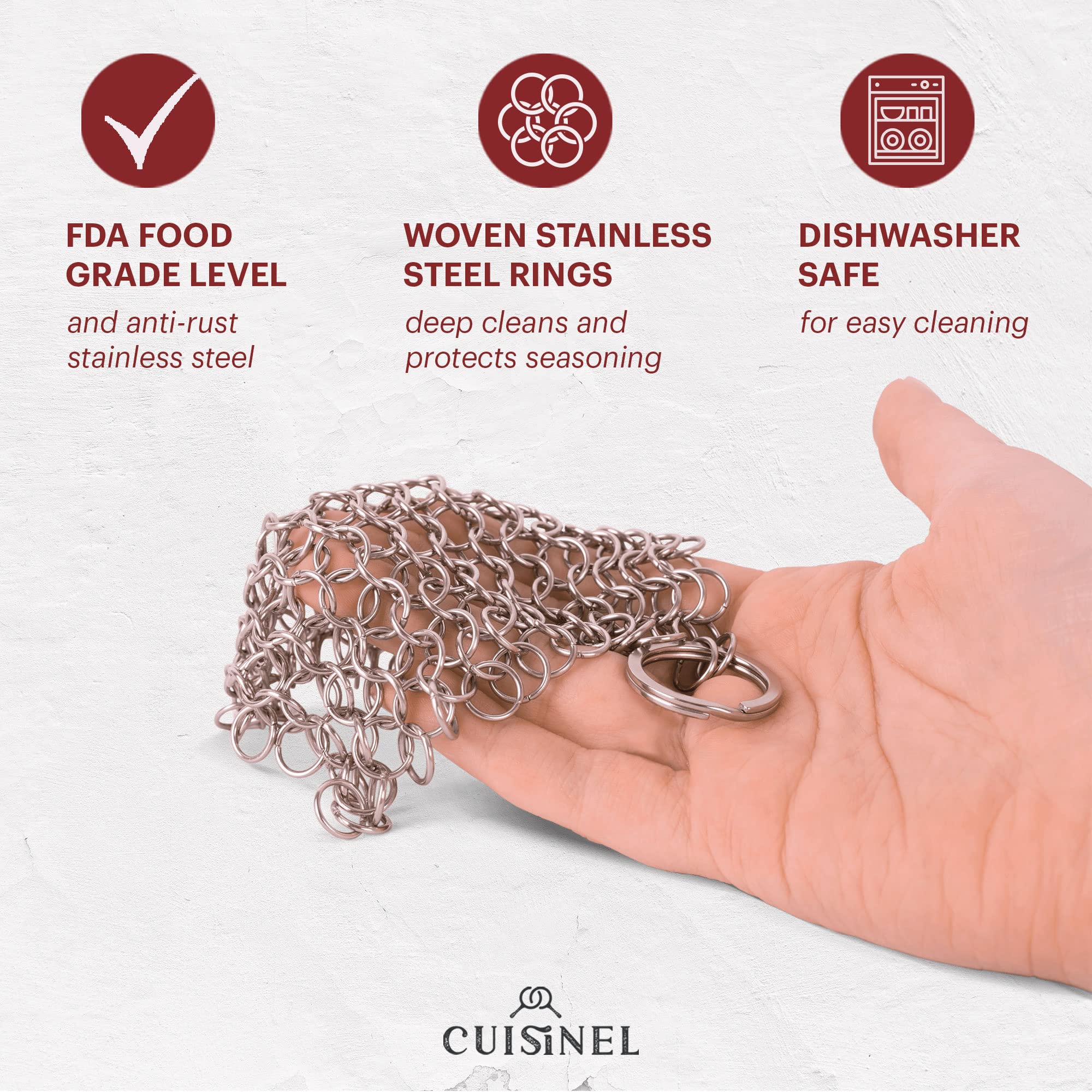 Cuisinel Cast Iron Scrubber Brush with Stainless Steel Chainmail & Pan Scraper - Heavy Duty Grill and Skillet Cleaner Kit - Non-Scratch Dish Scrub Tool for Tough Grease - Safe for Cookware - Perfect for Camping, Outdoor Cooking and Kitchen Cleaning