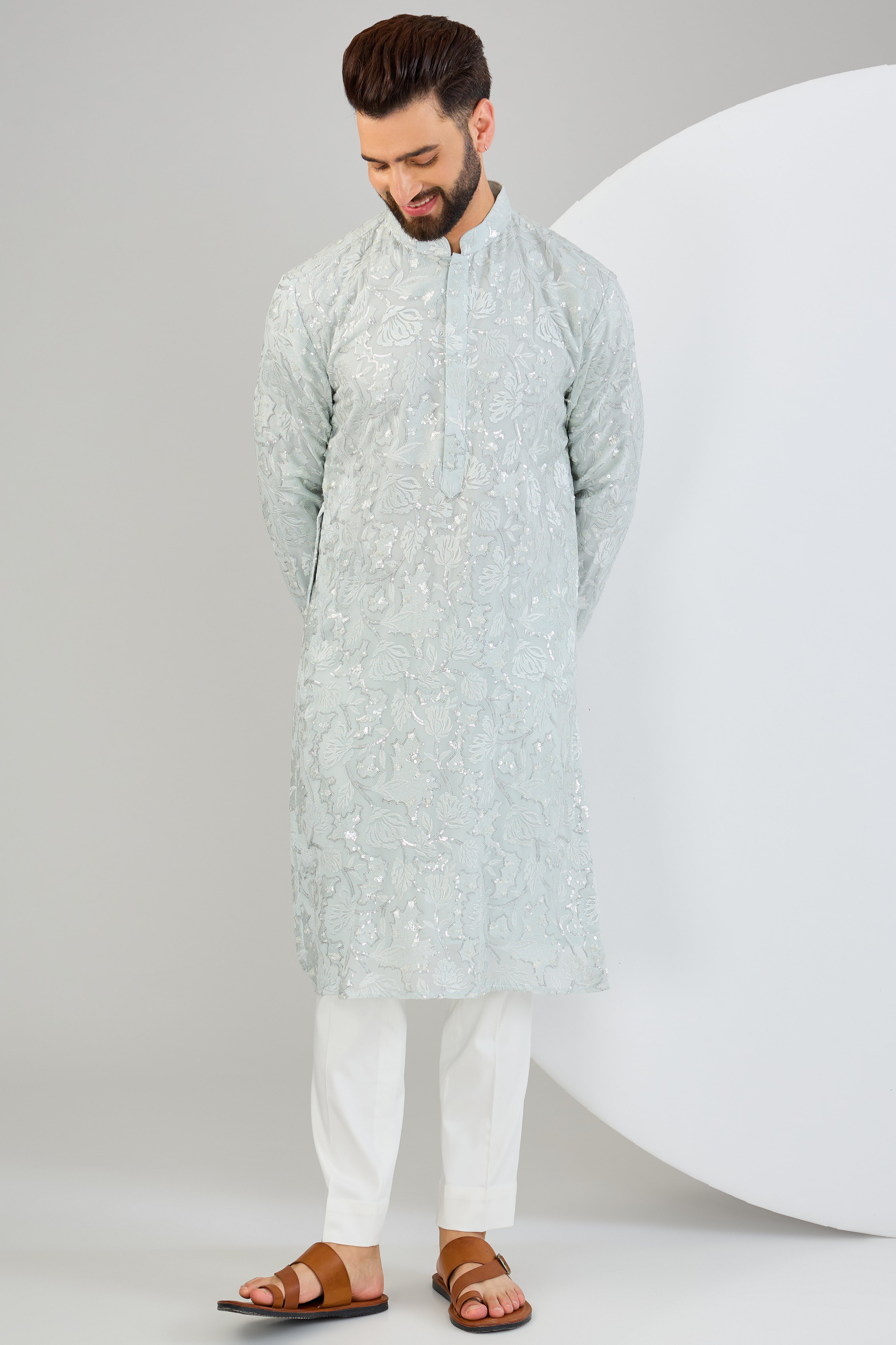 Elegant Powder Blue Chikankari Kurta with Intricate Floral Embroidery & Tone-on-Tone Sequin Work - Perfect for Festive Occasions, Weddings & Ethnic Fashion