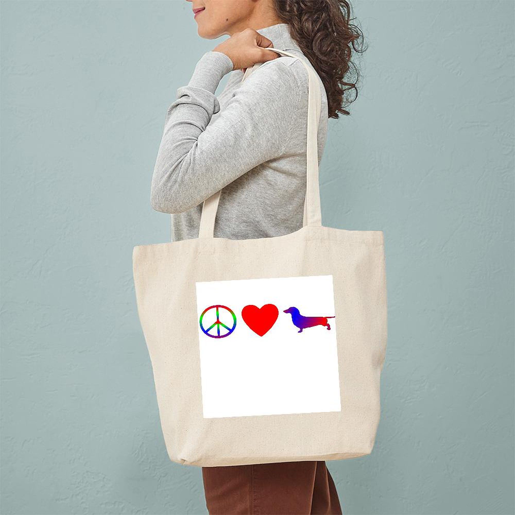 Peace, Love, Dachshund Tote Bag - Natural Canvas Reusable Shopping Bag for Groceries, Beach & Everyday Use | Eco-Friendly Cotton Tote with Dachshund Design