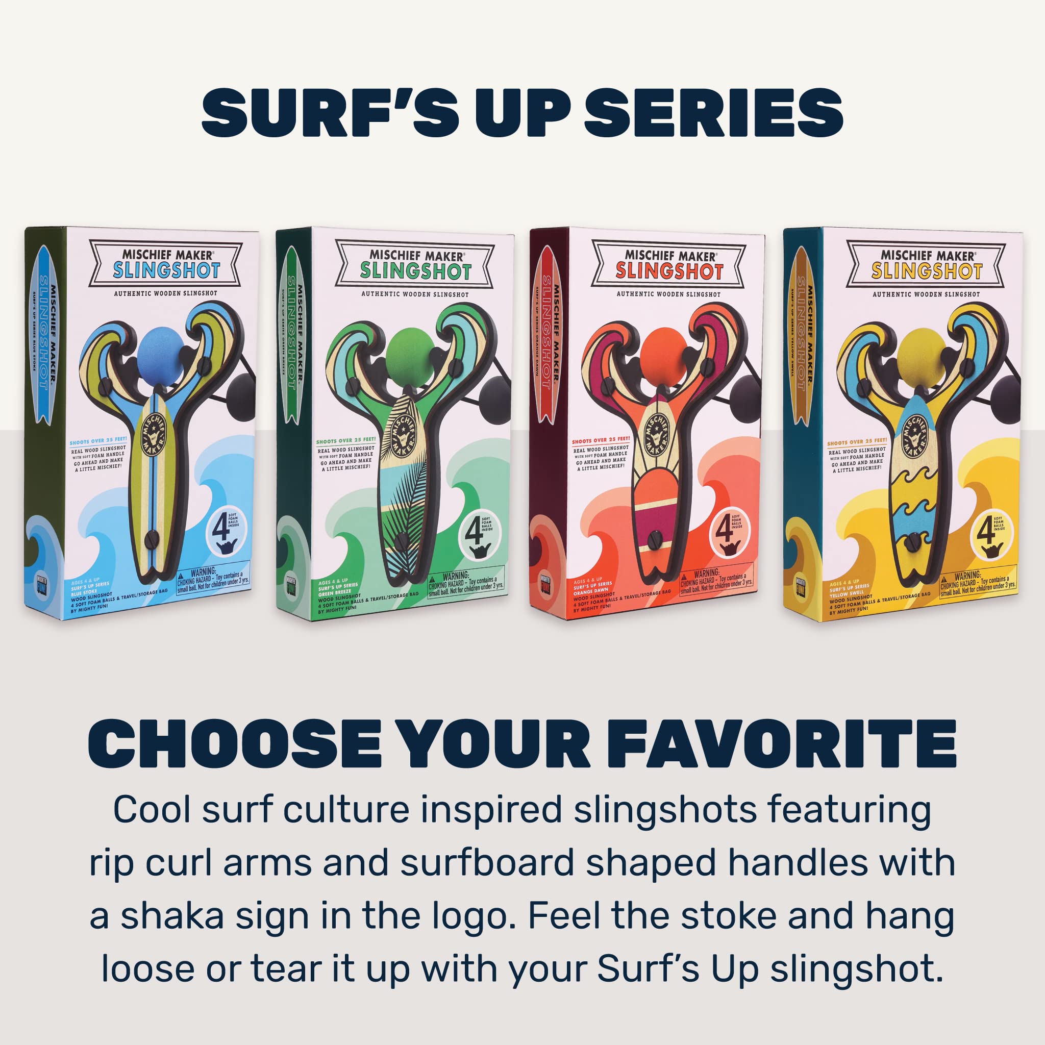 Mischief Maker® Wooden Slingshot - Surf’s Up Series - Real Wood Kids Slingshot with 4 Soft Foam Balls & Storage Bag - Outdoor Toys for Boys Girls Ages 4+ - Perfect for Backyard Games, Beach Fun and Camping Activities