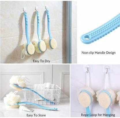 RRJ 2-in-1 Bath Brush with Soft & Firm Bristles + Loofah | Long Curved Handle Back Scrubber | Exfoliating Shower Body Brush for Wet/Dry Use | Men & Women Skin Care | ABS Plastic (Multi-Color) | Perfect for Deep Cleansing, Back Exfoliation & Spa Relaxation