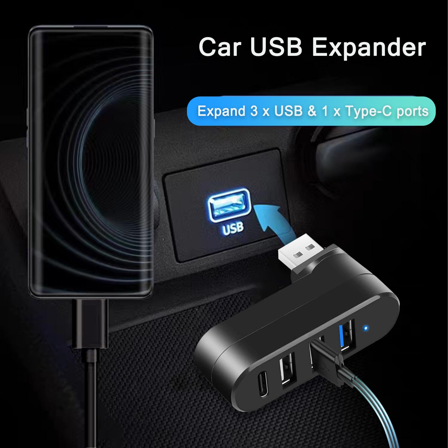 VIENON 4-Port USB 3.0 Hub with 90°/180° Rotation - 3 USB Ports + 1 USB-C Power/Data Port - High Speed USB Splitter for Laptop, Desktop, MacBook, iMac, PC - Perfect for Office, Home & Car Use