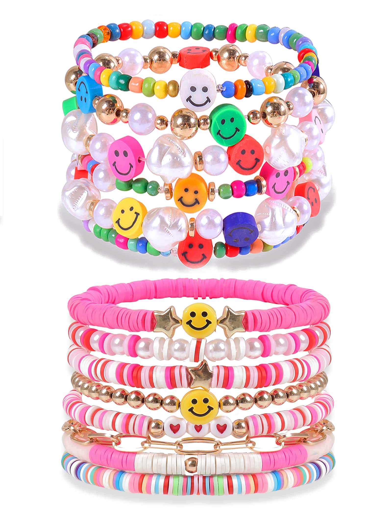 Rainbow Clay Beads Bracelets Set for Women & Girls - Boho Surf Stretch Bracelets Stackable Jewelry for Casual Wear, Beach Vacation & Everyday Fashion Accessories