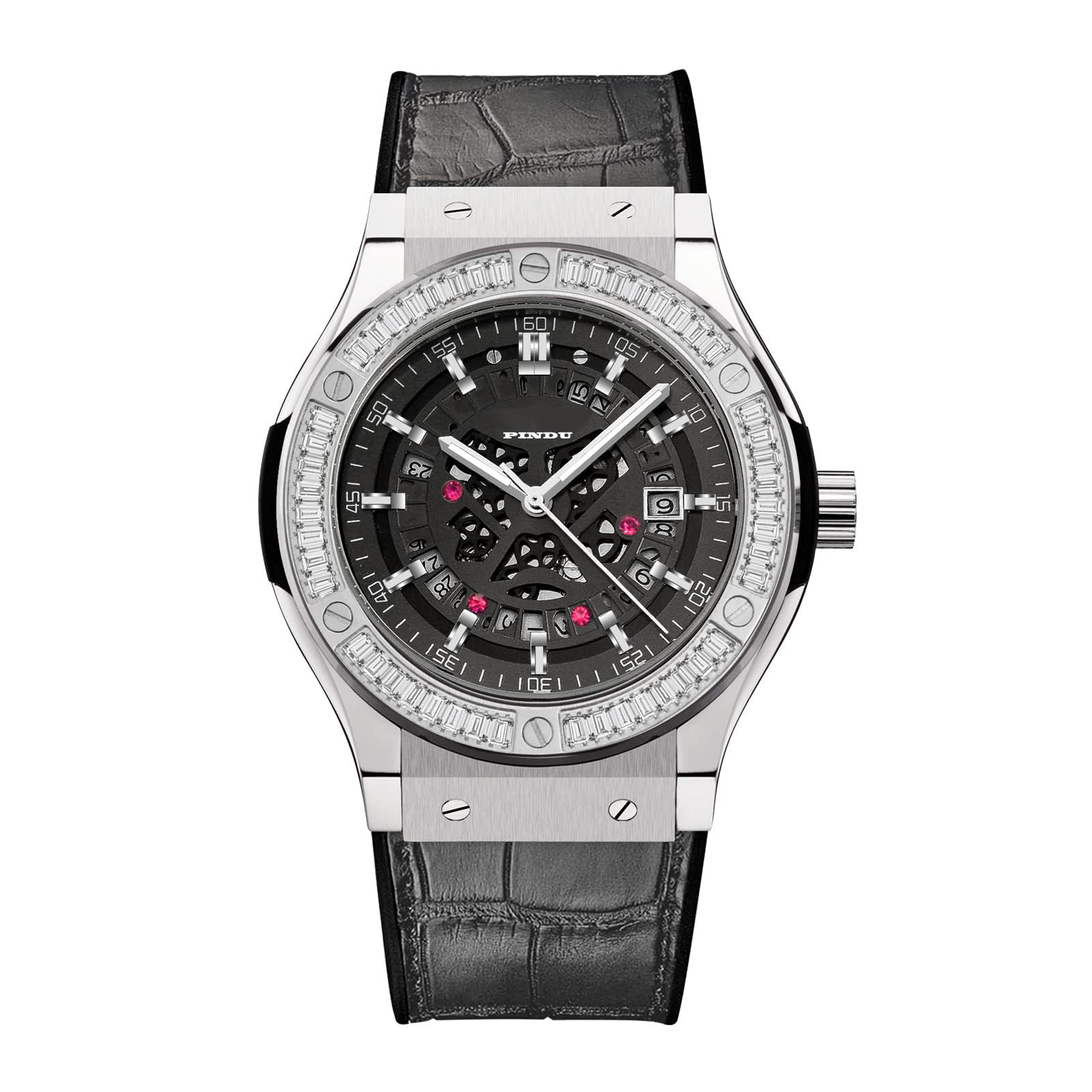 Men's Automatic Skeleton Tourbillon Watch - 24-Hour Analog Mechanical Watch with Black Leather Strap & Silver Case (6526) | Perfect for Business, Formal Events & Luxury Gift Giving