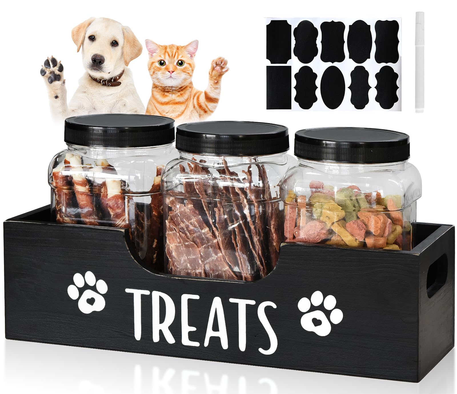 Farmhouse Style Wooden Dog Treat Storage Container with 3 Plastic Jars - Pet Food Organizer for Dogs, Cats & Small Animals - Perfect for Kitchen Counter, Pantry or Pet Feeding Station