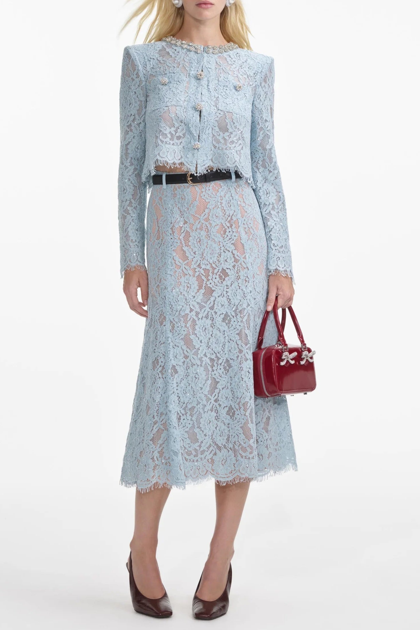 Carol Lace Flared Midi Skirt in Blue | Elegant Women's Fashion Skirt for Casual Wear, Office & Special Occasions