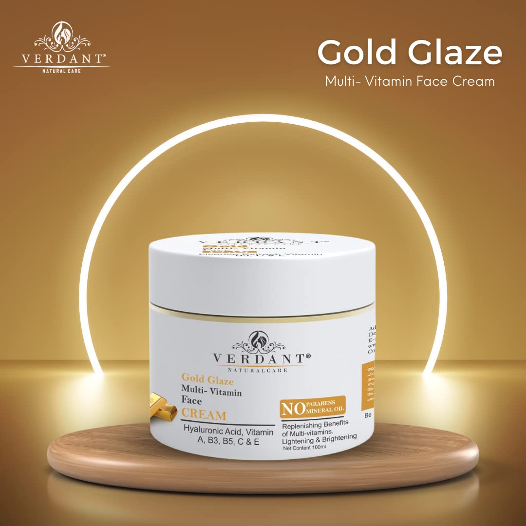 Verdant Gold Face Cream with Hyaluronic Acid & Vitamin A, B3 | Anti-Aging Moisturizer for Glowing Skin | Brightening & Hydrating Cream | Sulfate & Paraben Free | 100ml | Perfect for Night Routine & Dry Skin Care