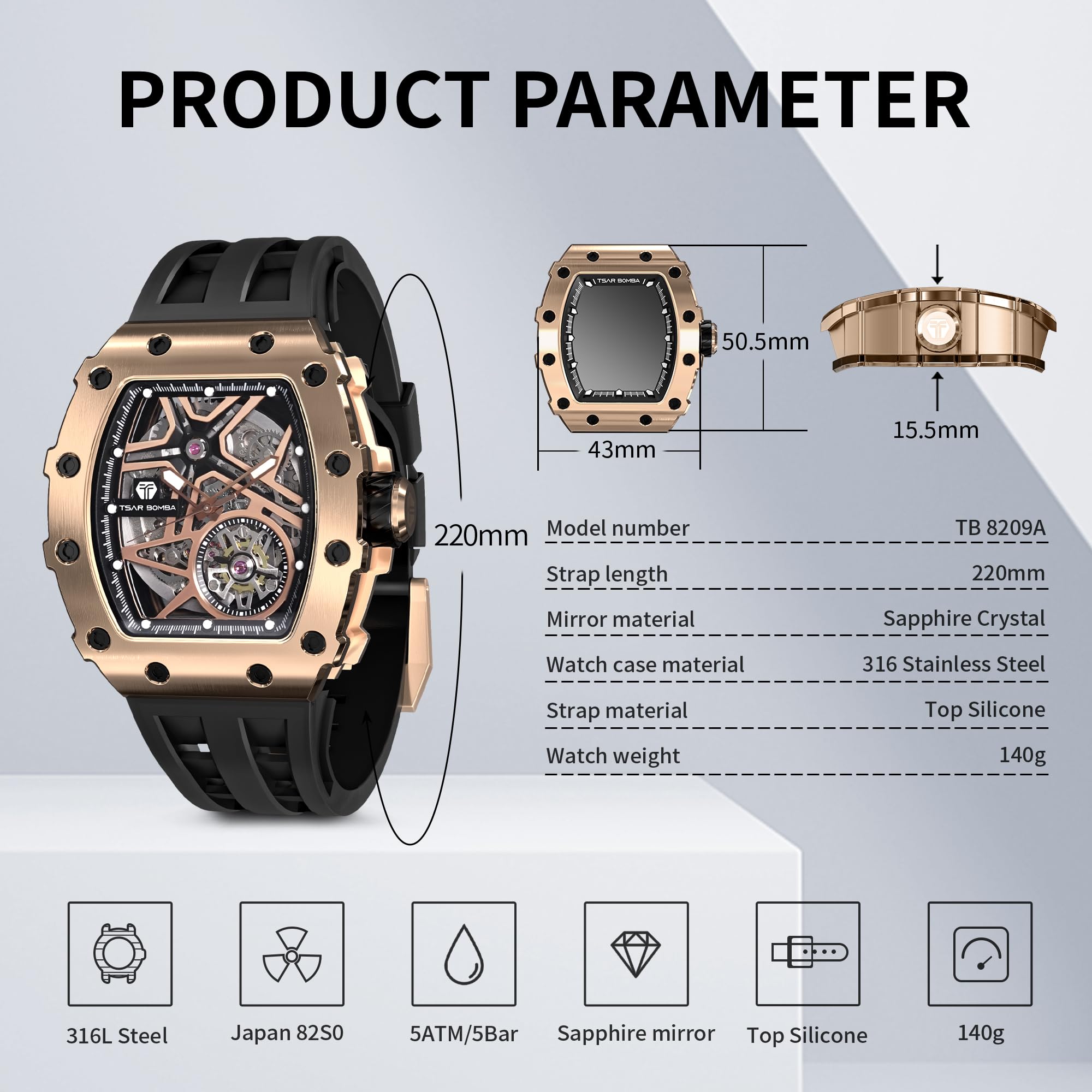 TSAR BOMBA Men's Luxury Automatic Skeleton Watch - Silver Square Big Face with Silicone Strap - 50M Waterproof Analog Watch for Business, Work & Formal Occasions - Unique Cool Gift for Men