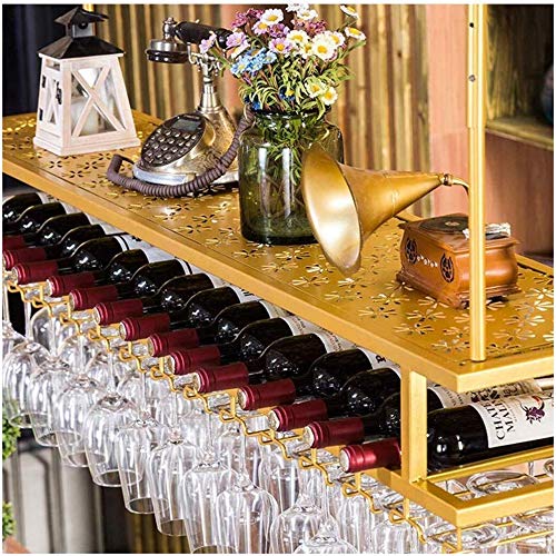 Premium Gold Wall-Mounted Wine Rack - Lefran Hanging Wine Bottle Holder with Glass Storage, Elegant Iron Ceiling Decorative Frame for Kitchen, Bar & Dining Room Decor