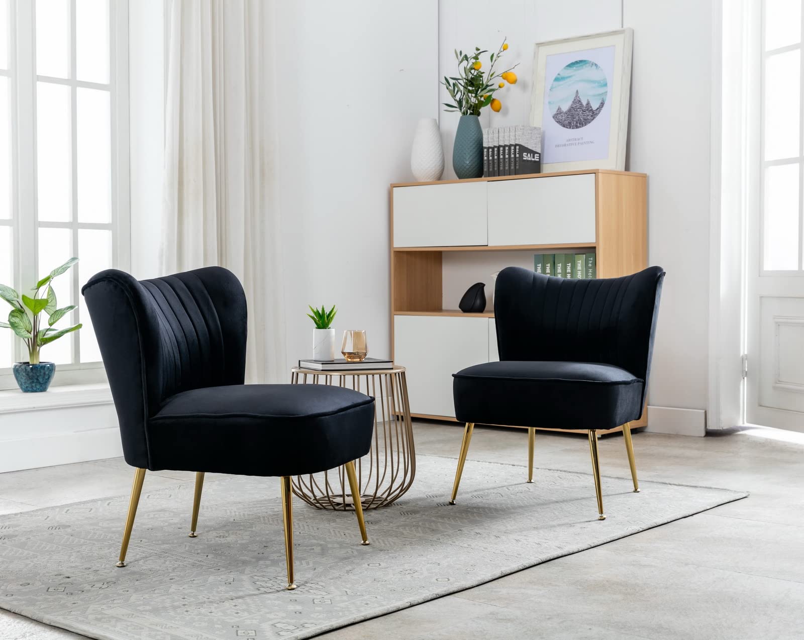 CIMOTA Velvet Black Accent Chairs Set of 2 - Modern Armless Slipper Chairs with Golden Legs, Wingback Design for Living Room, Bedroom - Perfect for Reading Nook, Lounge Area & Home Decor