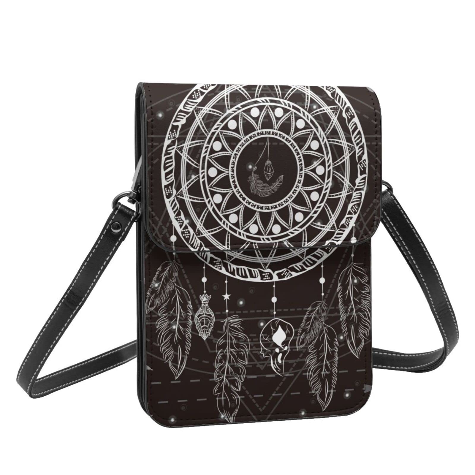 Dreamcatcher Native Mystic Geometry Black Crossbody Phone Purse for Women - Lightweight Small Soft Leather Fashion Wallet with Adjustable Strap - Perfect for Travel, Shopping & Everyday Use
