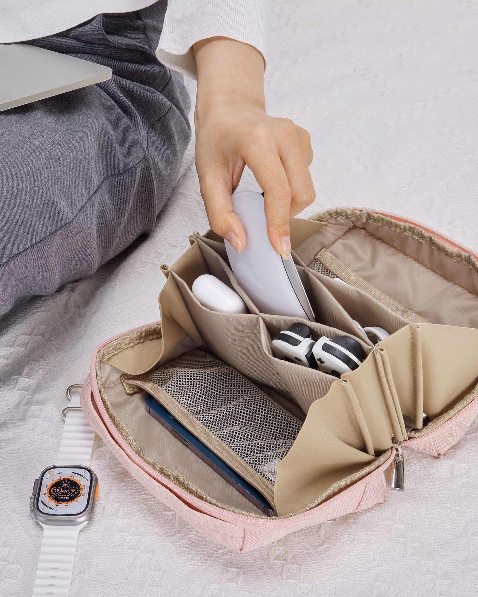 BAGSMART Small Travel Tech Organizer Pouch - Waterproof Electronics Accessories Case for Phones, Cables, Chargers - Portable Cord Organizer Bag with Handle for Men & Women (Pink) | Perfect for Airplane, Office & Daily Commute