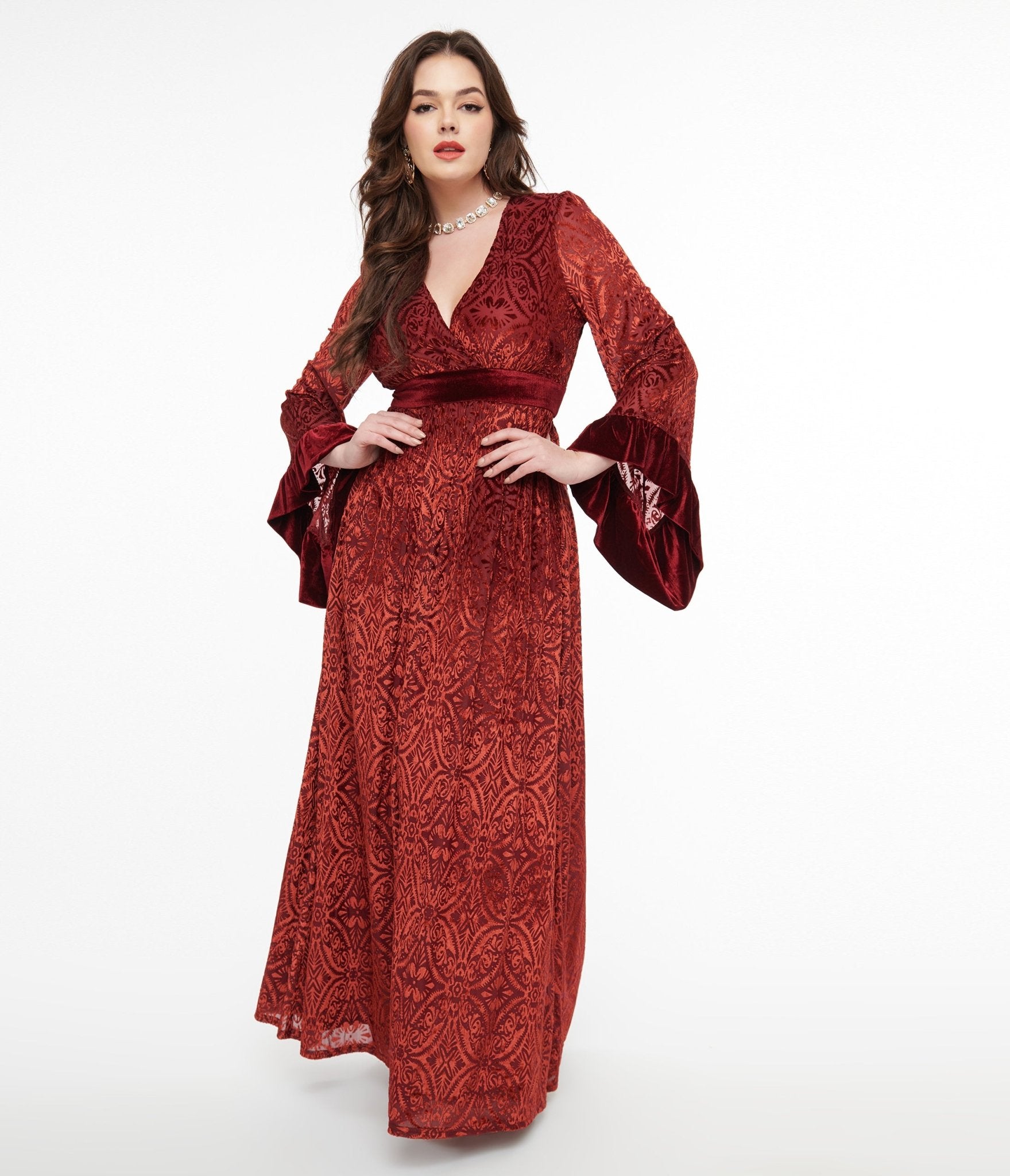 Vintage 1970s Burgundy Velvet Burnout Maxi Dress for Women - Retro Long Sleeve Bohemian Party Gown - Perfect for Halloween, Costume Parties & Special Occasions