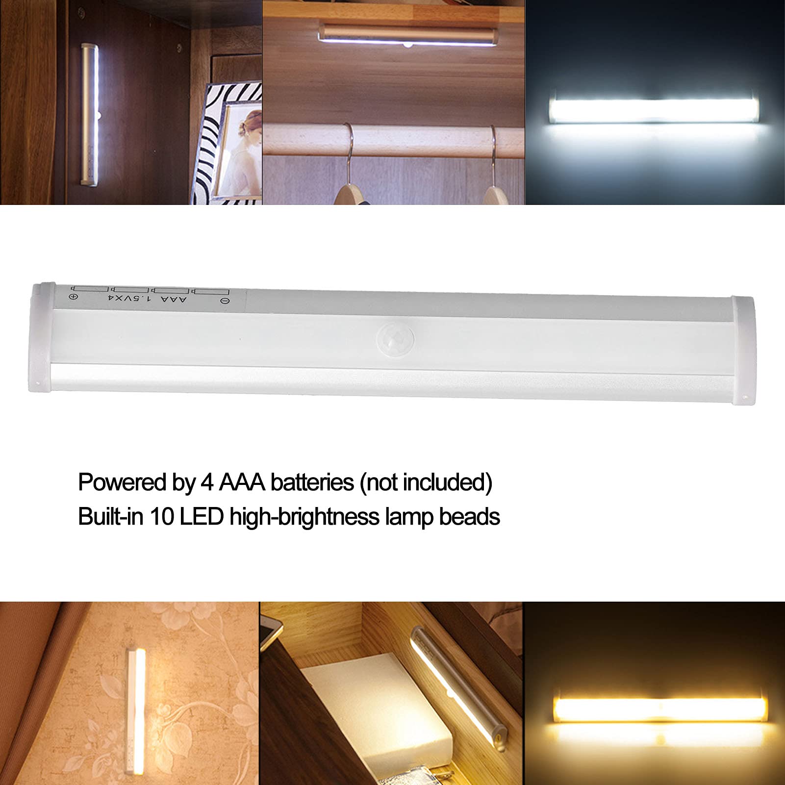 FTVOGUE 10LED Under Cabinet Lights with Motion Sensor - Battery Powered Closet Lighting for Kitchen, Wardrobe, Cupboard (White Light) - Perfect for Nighttime Safety & Convenient Storage Access
