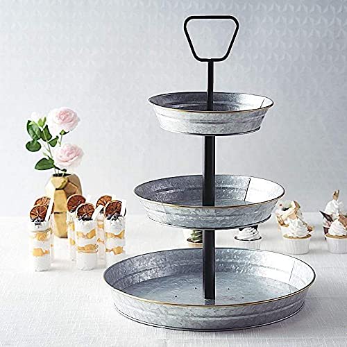 20 Inch Silver Balsa Circle with Black 3-Tier Galvanized Metal Serving Tray - Perfect for Cupcake Display, Dessert Stand, and Party Buffet Serving