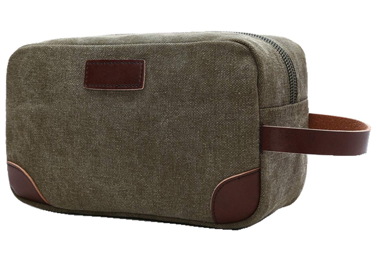 Premium Leather & Canvas Toiletry Bag for Men & Women - IBLUE Travel Dopp Kit with Shaving Organizer, Bathroom Essentials Pouch (Army Green) - Perfect for Camping, Business Trips & Vacation Accessories