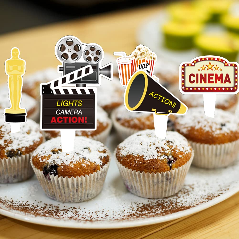 24 Pcs Movie Night Cupcake Toppers - Cinema Themed Birthday Party Decorations, Film Reel & Popcorn Cake Toppers for Hollywood Party, Movie Marathon Night, Kids Birthday & Themed Celebrations