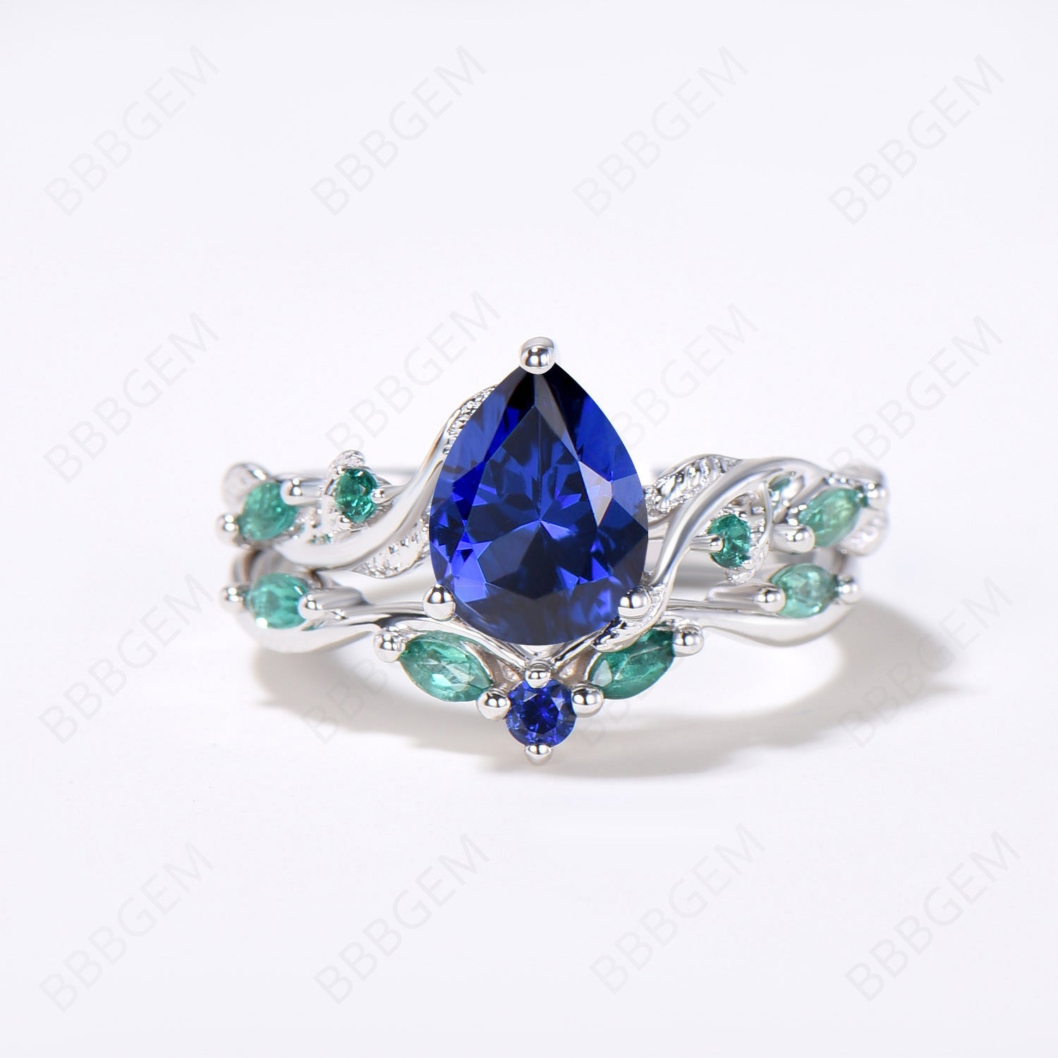 Vintage Nature Inspired Pear Blue Sapphire & Emerald Bridal Ring Set - Twig Leaf Vine Wedding Jewelry, September Birthstone Gift for Her - Perfect for Engagement, Anniversary & Special Occasions