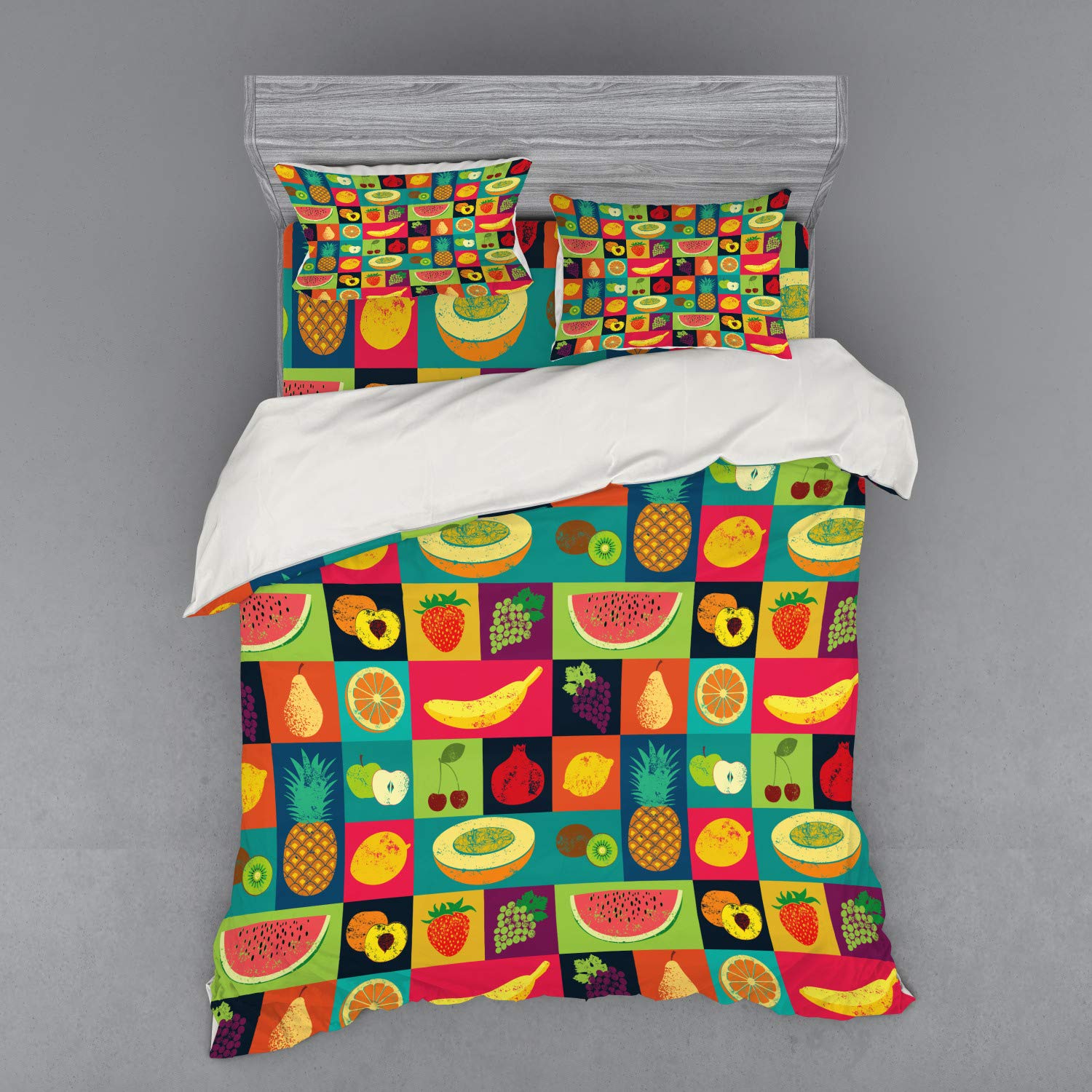 Ambesonne Retro Bedding Set - Queen Size 3-Piece Duvet Cover with Sham & Fitted Sheet, Vibrant Pop Art Fruit Print (Lemon, Grape, Pineapple, Watermelon, Cherry, Melon) | Colorful Home Decor for Bedroom, Guest Room & Dorm | Machine Washable Soft Microfiber