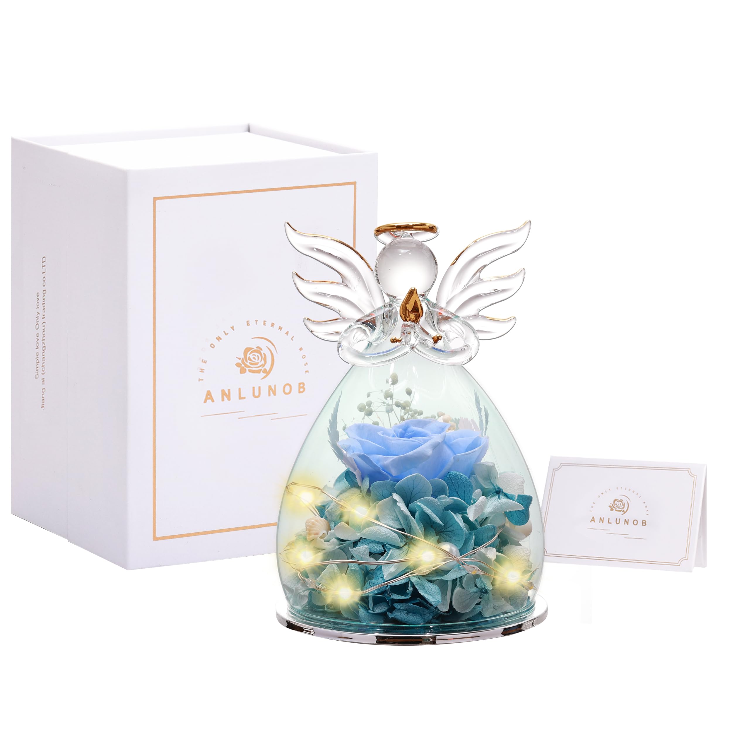 ANLUNOB Blue Rose in Angel Glass Cover with LED Light - Mother's Day, Birthday, Valentine's, Anniversary & Wedding Gift for Women, Grandma - Perfect for Home Decor, Romantic Surprises & Special Occasions