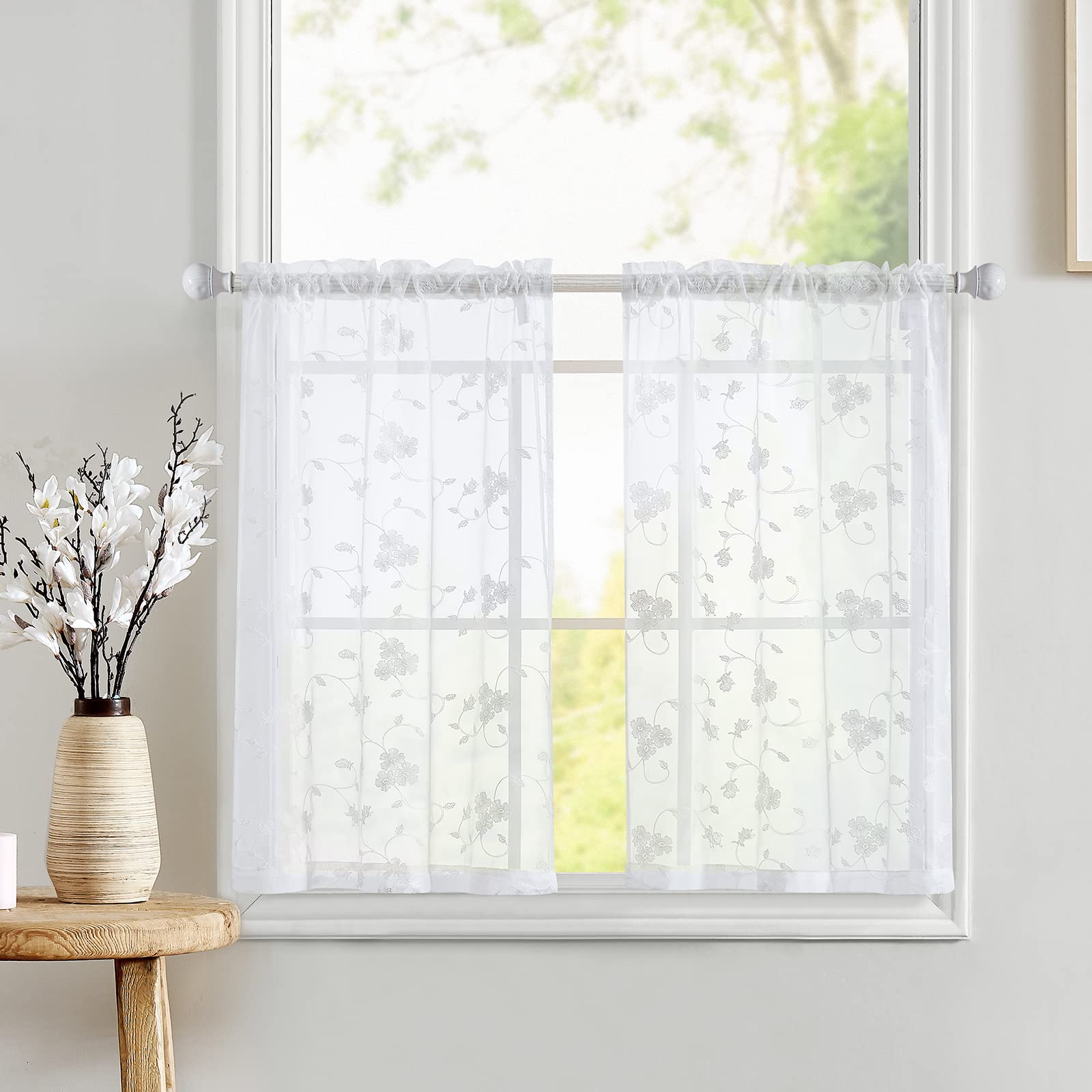 White Floral Embroidered Tier Curtains Set - 36 Inch Length Semi-Sheer Voile Window Drapes with Rod Pocket (2 Panels) - Perfect for Kitchen, Cafe, Bathroom & Home Decor