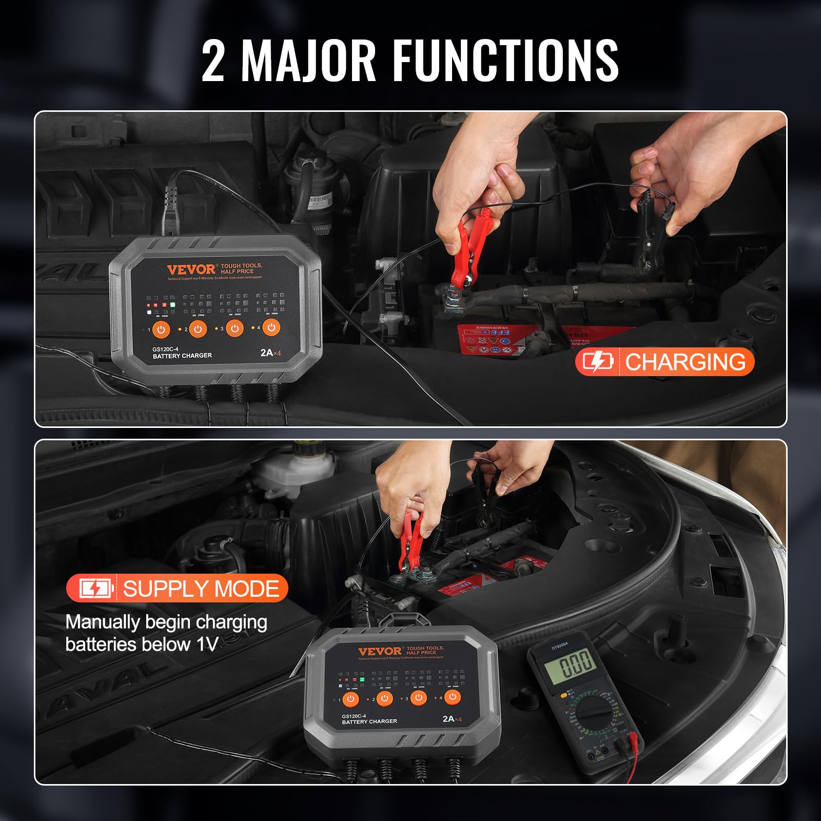 VEVOR 2A x 4 Smart Battery Charger for LiFePO4 & Lead-Acid (AGM/Gel/SLA) Batteries - Fully Automatic Charger & Maintainer for Car, Boat, Motorcycle, Lawn Mower, Golf Cart & Marine Deep Cycle Batteries | Perfect for RV, ATV, Snowmobile & Seasonal Vehicle Storage