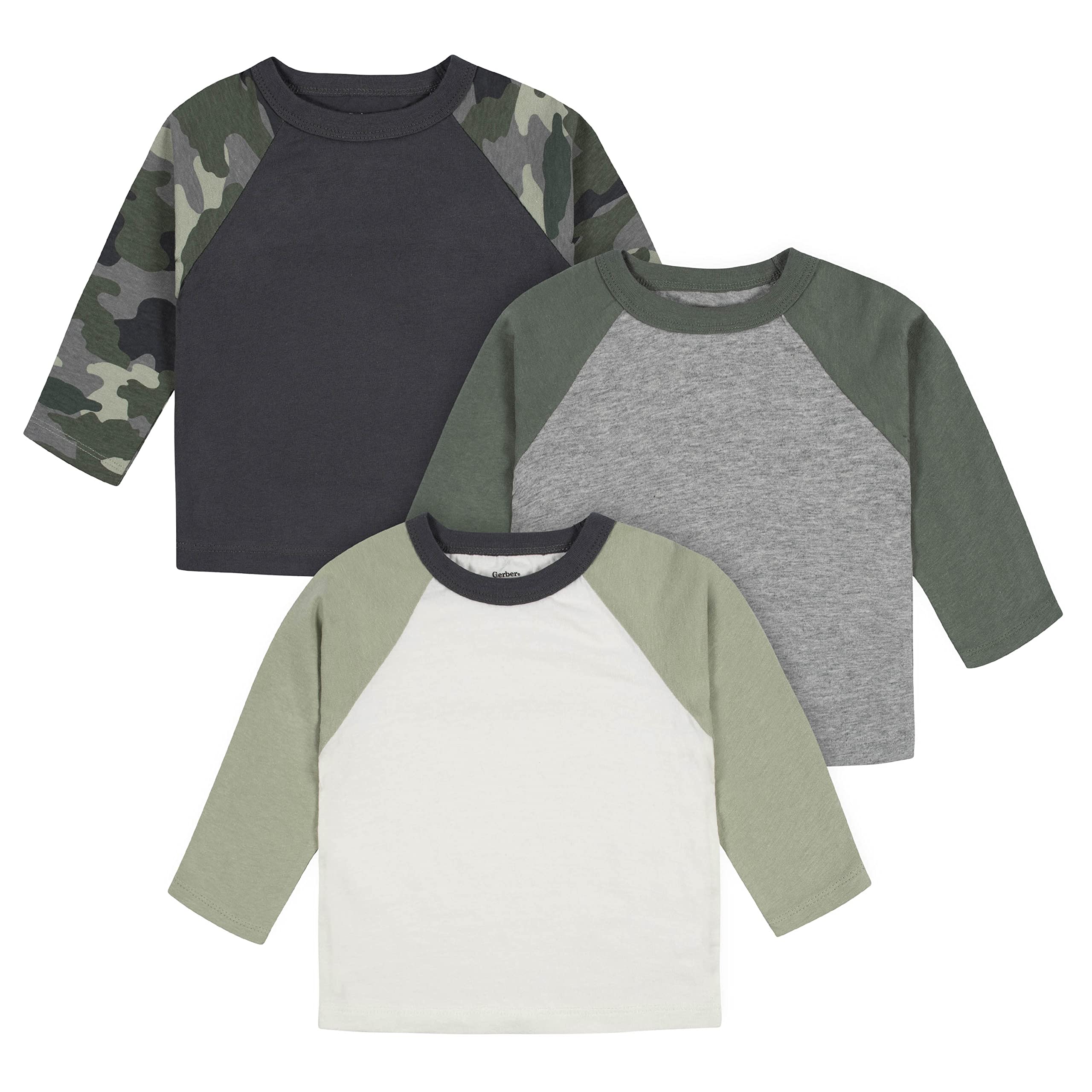 Gerber Baby Boys' 3-Pack Long Sleeve Baseball Tees - Soft Cotton Blend, Green & Gray, 0-3 Months - Perfect for Playtime, Outings & Photo Shoots