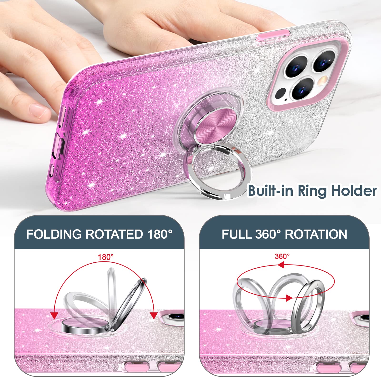Hython iPhone 13 Pro Case with 360° Rotatable Magnetic Ring Stand - Sparkly Glitter Bling Hybrid Phone Cover (Pink) | Car Mount Compatible, Perfect for Work, Travel & Everyday Use