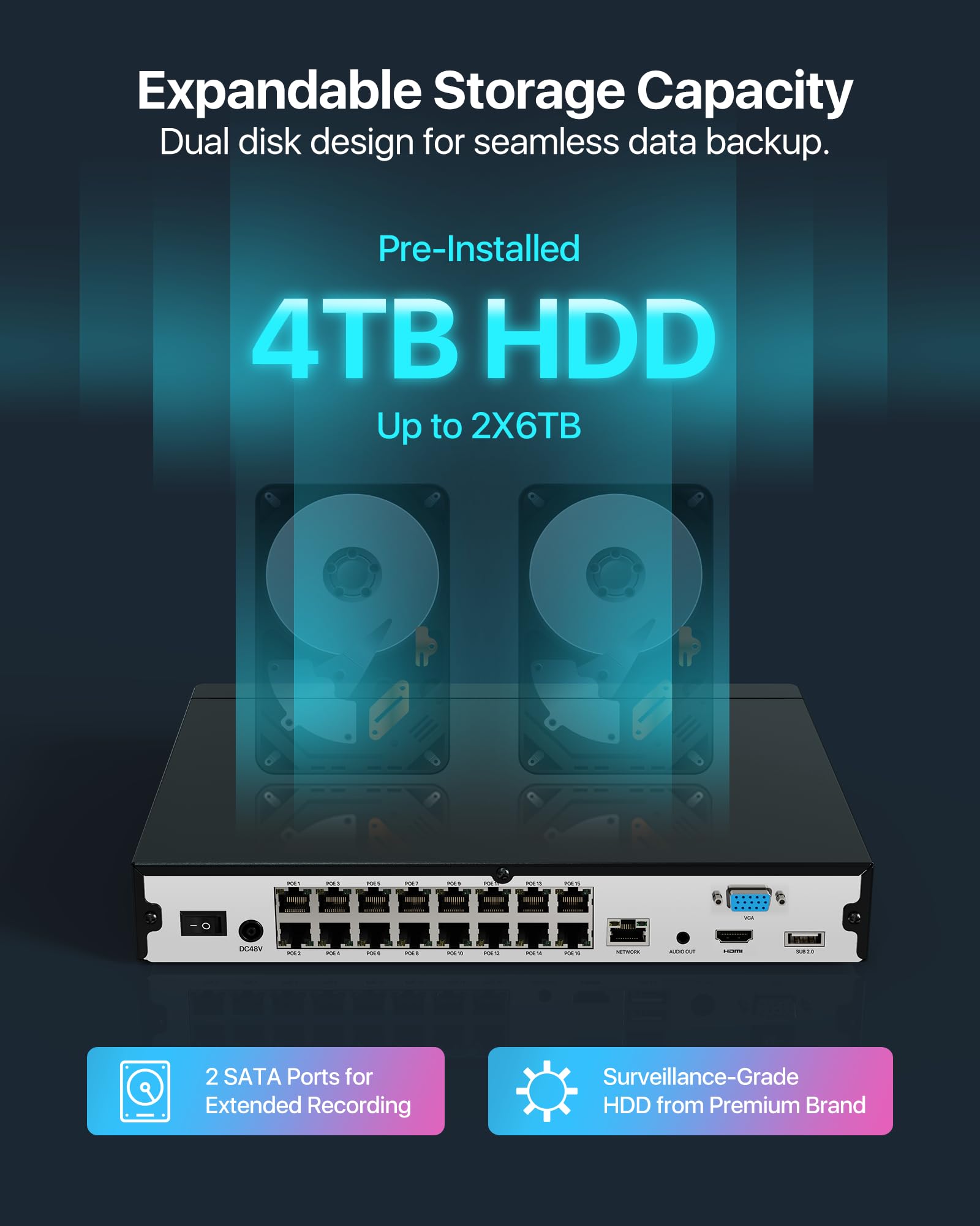 ZOSI 24 Channel 4K PoE NVR Security System with 16 Ports, 8MP Dual HDD Backup, Pre-Installed 4TB HDD for 24/7 Recording - Compatible with 4K/5MP/4MP/3MP ZOSI PoE Cameras - Ideal for Home Security, Business Surveillance & Property Monitoring
