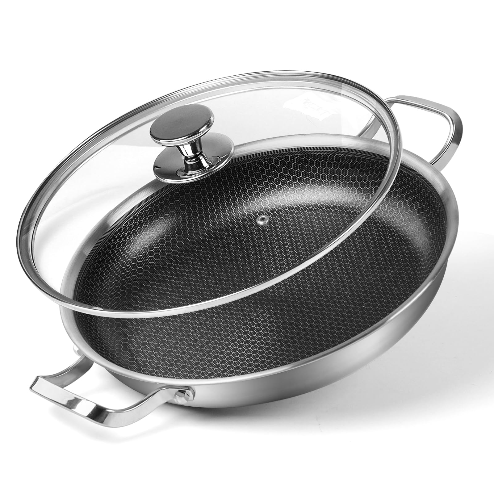 Premium 11 Inch Stainless Steel Nonstick Frying Pan with Glass Lid - PFOA-Free PTFE Coating for Gas, Electric, Induction & Ceramic Stoves - Omelet, Saute & Baking Pan for Home Cooking & Professional Kitchens