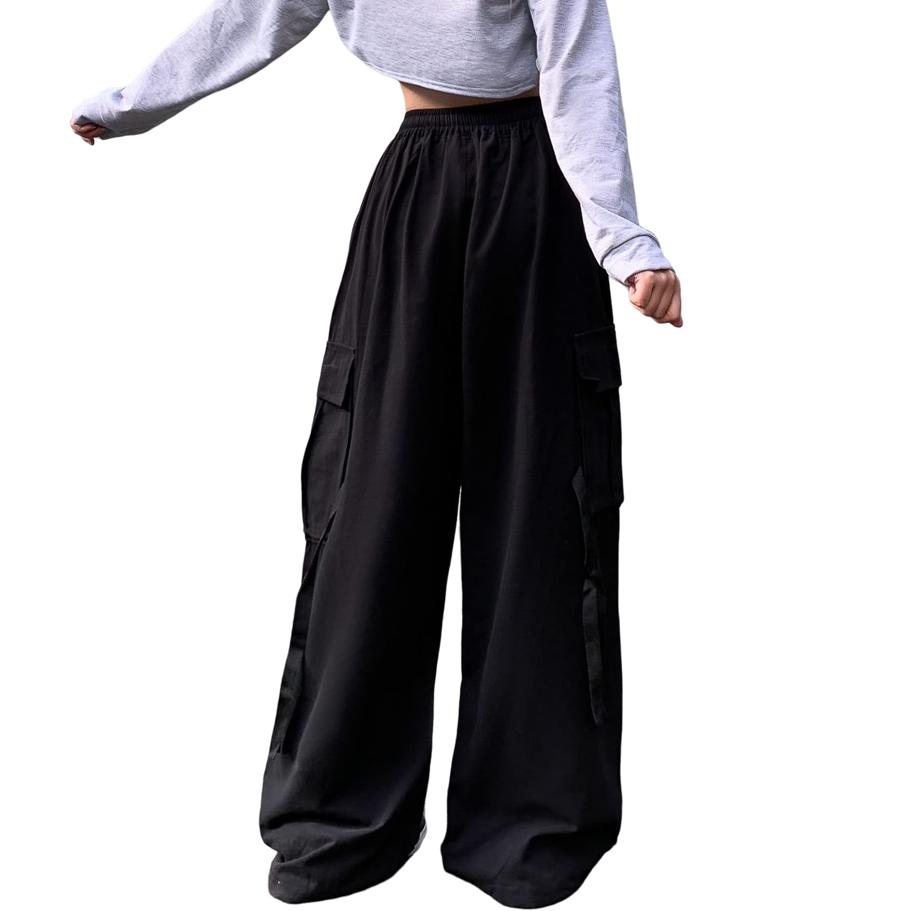 Linsennia Y2K Parachute Pants for Women - Wide Leg Cargo Trousers with Elastic Waist | Baggy Streetwear Pants | Perfect for Casual Outfits, Hip Hop Fashion & 90s Retro Style
