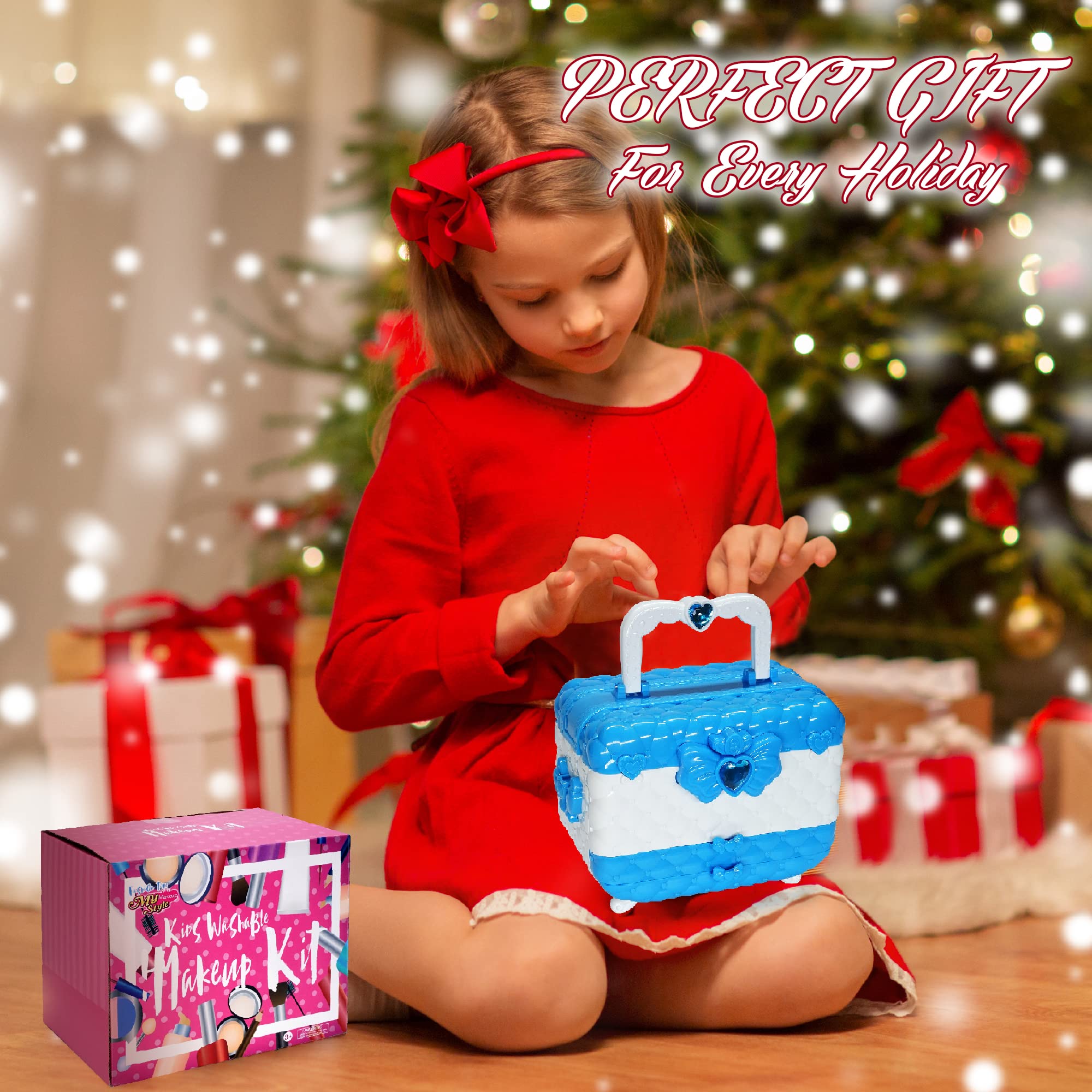 **Safe & Washable Kids Makeup Kit for Girls Ages 5-7 - Princess Birthday Gift Set with Real Cosmetic Toys (Blue) | Perfect for Dress-Up, Pretend Play & Birthday Parties**