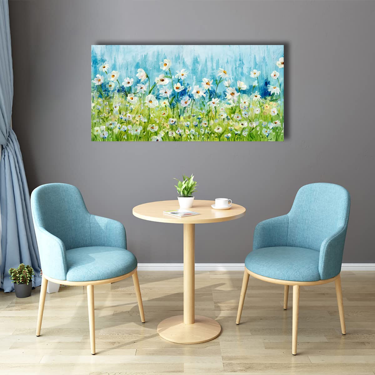 Blue Daisy Floral Canvas Wall Art - 24x48 Inch Framed Abstract Flower Painting with Green Grass Landscape - Modern Home Decor for Living Room, Bedroom, Kitchen & Office | Perfect Gift for Housewarming & Interior Design