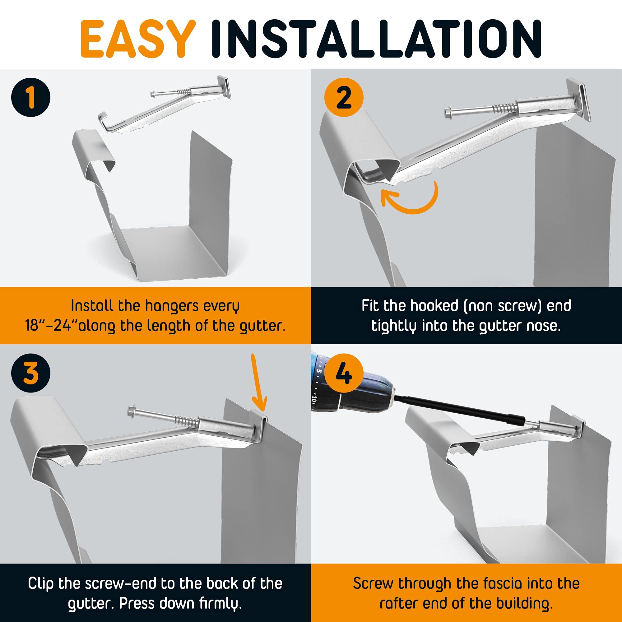 5 Inch Quick Screw Gutter Hangers - 100 Pack with Bonus 6 Inch Drill Bit | Heavy Duty Hidden Bracket Clips with Pre-Assembled Screws | Fix Sagging Rain Gutters for Roof Drainage System | Perfect for Home Roof Repair & Gutter Maintenance