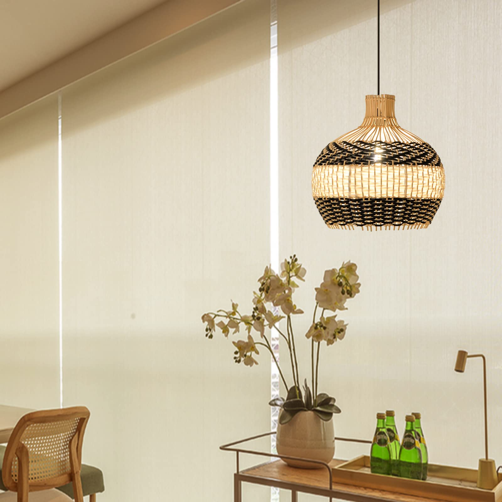 Handmade Rattan Pendant Light for Kitchen Island - Wicker Chandelier Lamp with Woven Lampshade - Perfect for Living Room, Bedroom & Dining Room Lighting Decor | Boho Style Ceiling Fixture for Home & Cafe