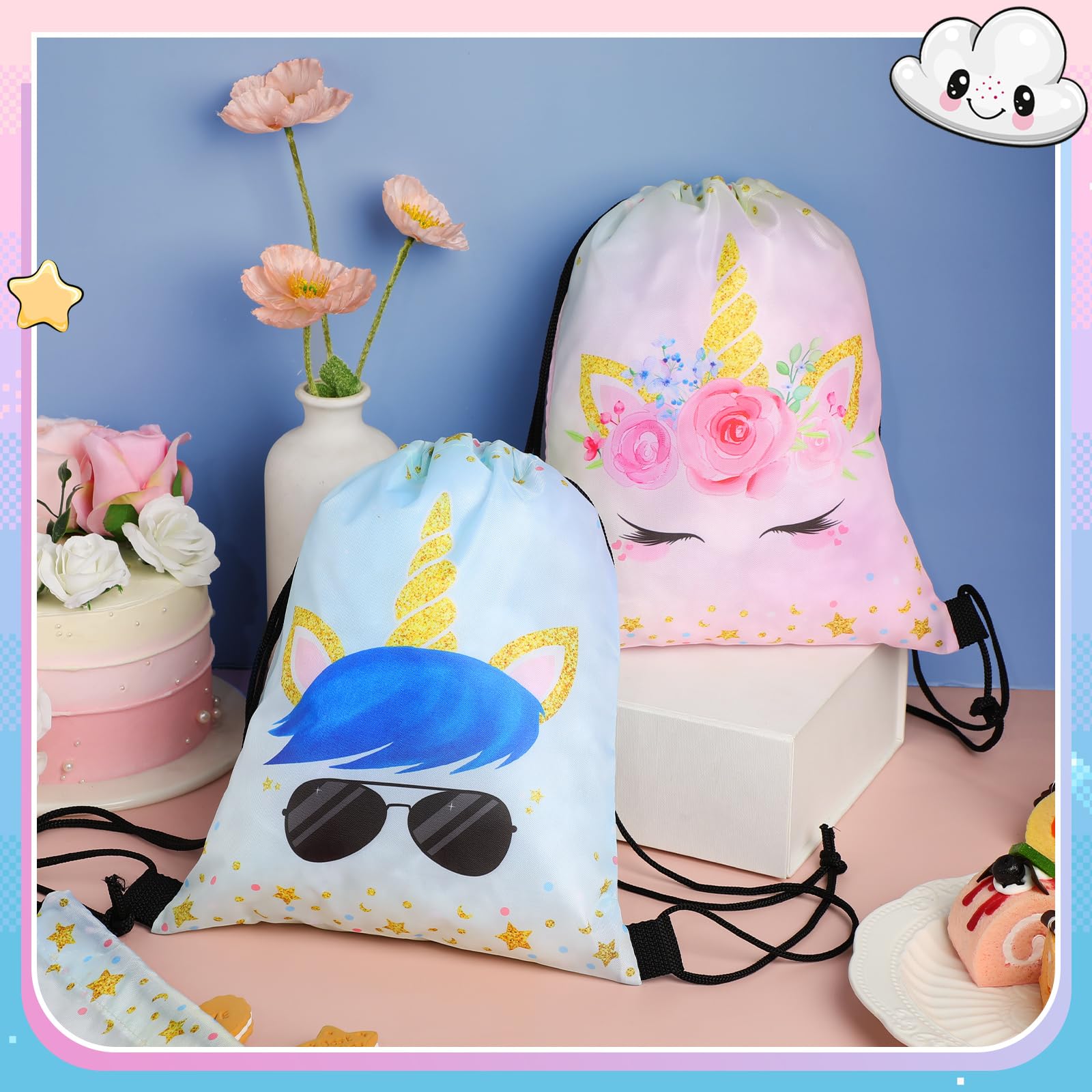 24 Pack Unicorn Drawstring Bags Bulk - 12x10 Inch Waterproof Party Favor Bags for Kids, Girls & Boys - Perfect for Birthday Parties, Beach Trips, Candy Treats & Goodie Bags (Unicorn Theme)