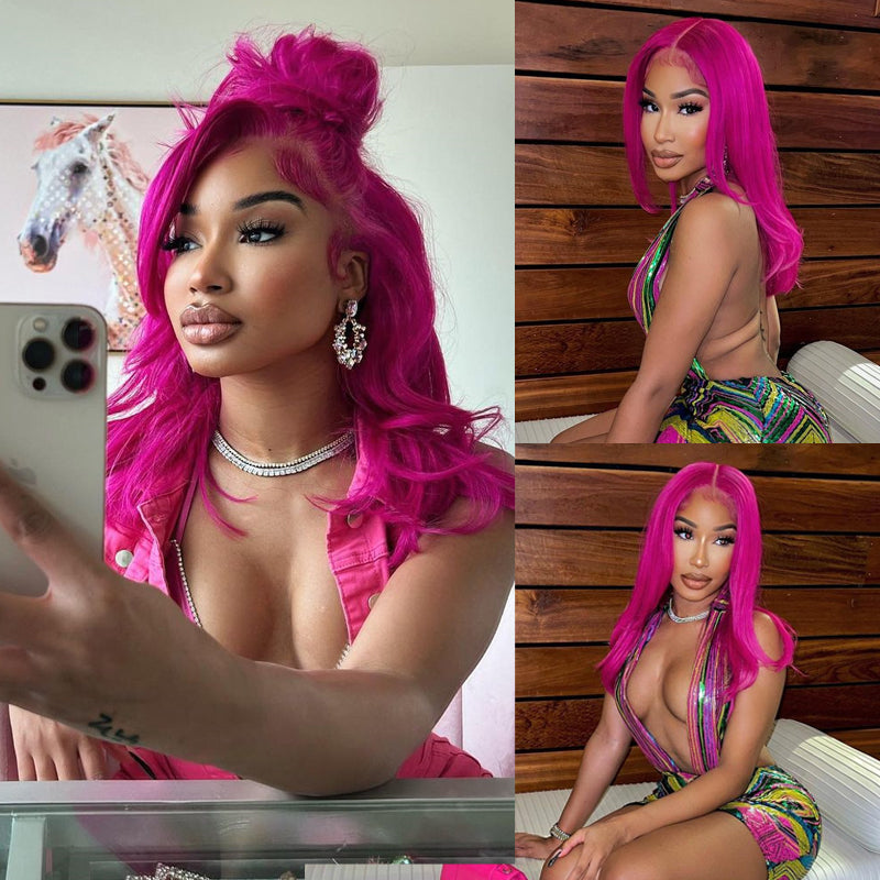 Eullair Fuchsia Pink Straight Human Hair Wig - Rose Red Body Wave Lace Frontal Wig for Women (EW001) | Perfect for Cosplay, Parties & Daily Wear