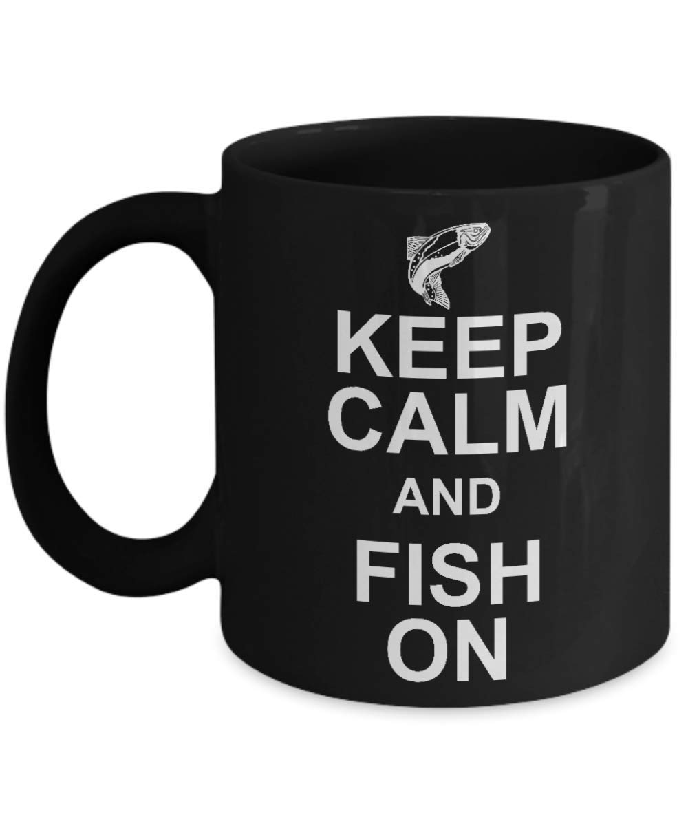 Keep Calm And Fish On - 11 oz Black Porcelain Coffee Mug | Funny Fisherman Gift for Anglers & Fishing Enthusiasts | Perfect for Camping, Office & Outdoor Adventures
