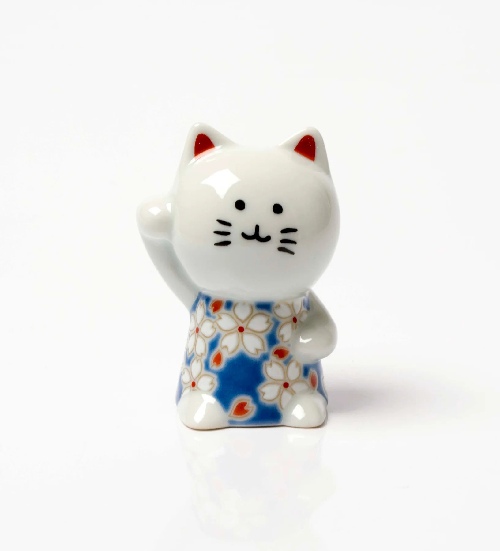 Authentic Kutani Yaki Japanese Maneki Neko Beckoning Cat Figurine - Cherry Blossom Design | Lucky Charm for Home, Office & Gift Giving